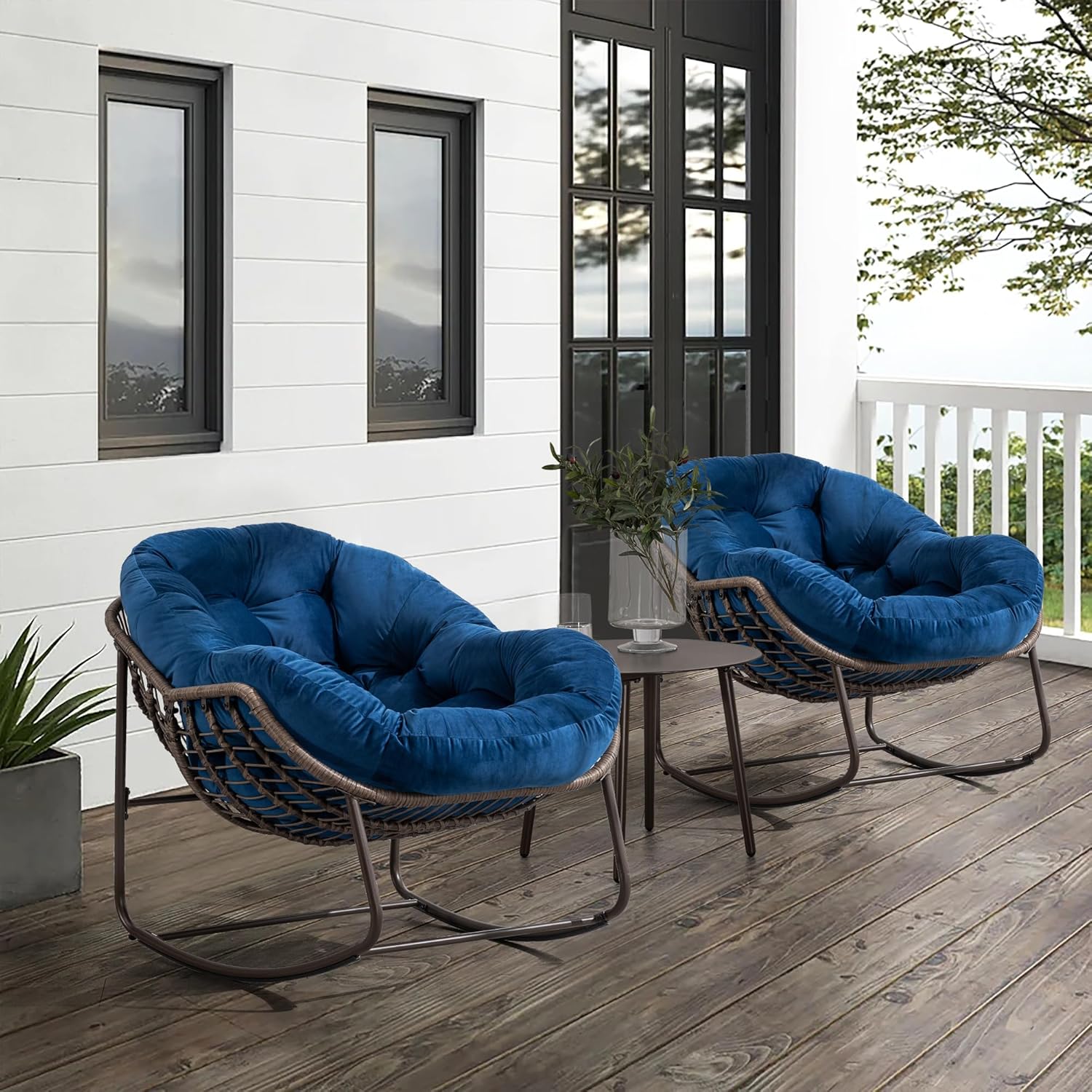 Large Indoor Outdoor Rocking Chair, Oversized Rocking Papasan Chair with Thick Cushion and Frame Outdoor Rocker, Comfy Wicker Egg Chairs Lounge for Outside Porch Patio Backyard Balcony