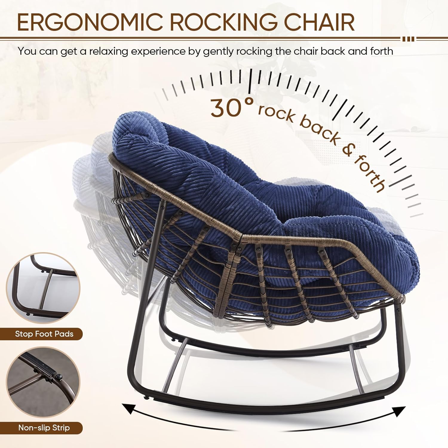Large Indoor Outdoor Rocking Chair, Oversized Rocking Papasan Chair with Thick Cushion and Frame Outdoor Rocker, Comfy Wicker Egg Chairs Lounge for Outside Porch Patio Backyard Balcony
