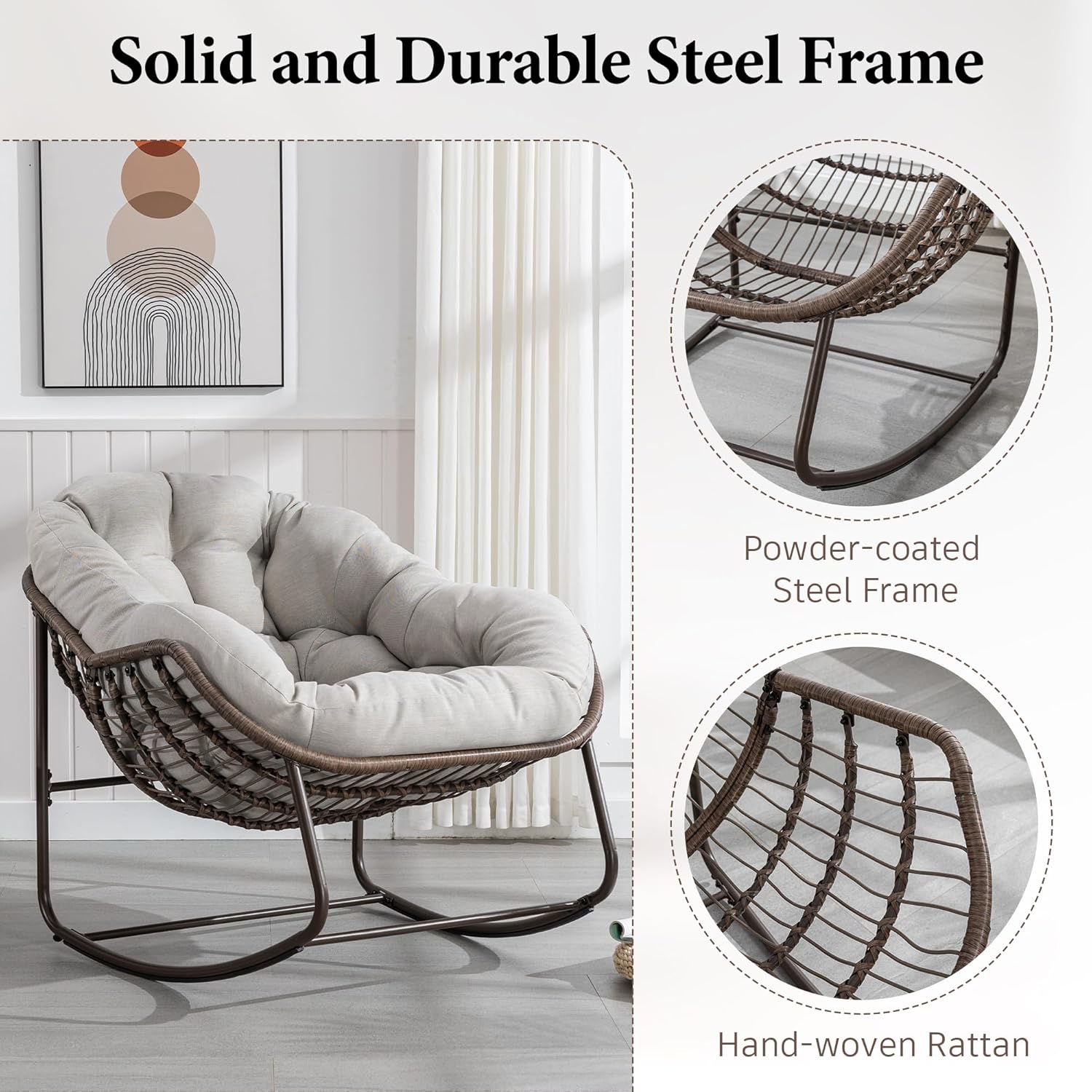 Large Indoor Outdoor Rocking Chair, Oversized Rocking Papasan Chair with Thick Cushion and Frame Outdoor Rocker, Comfy Wicker Egg Chairs Lounge for Outside Porch Patio Backyard Balcony