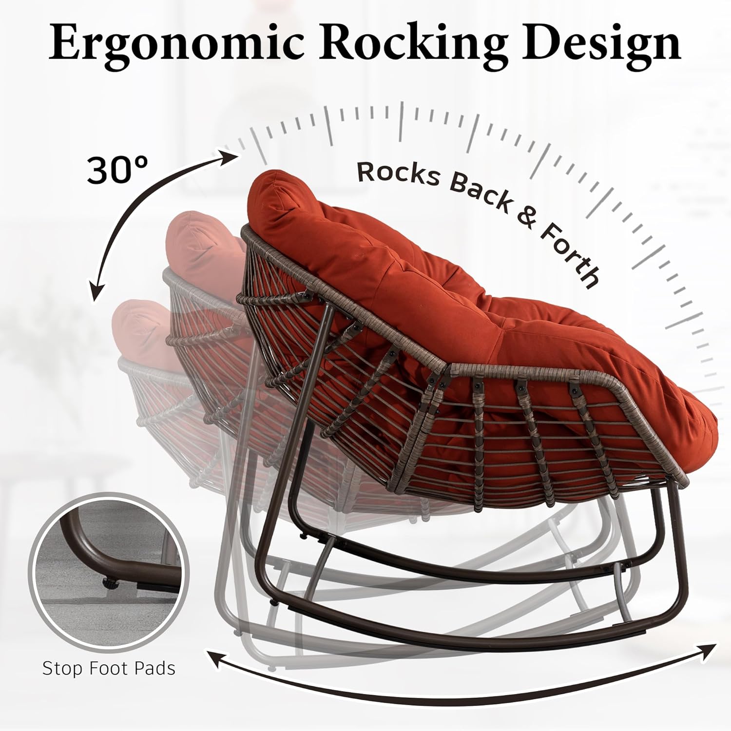 Large Indoor Outdoor Rocking Chair, Oversized Rocking Papasan Chair with Thick Cushion and Frame Outdoor Rocker, Comfy Wicker Egg Chairs Lounge for Outside Porch Patio Backyard Balcony