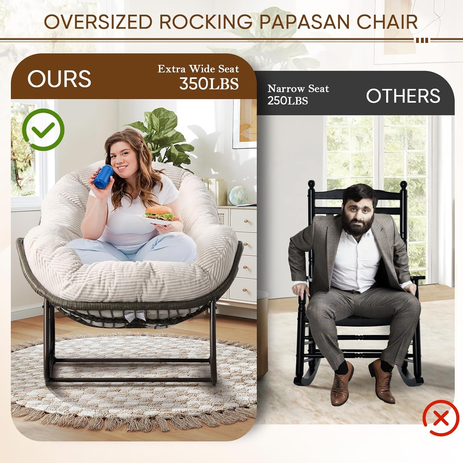 Large Indoor Outdoor Rocking Chair, Oversized Rocking Papasan Chair with Thick Cushion and Frame Outdoor Rocker, Comfy Wicker Egg Chairs Lounge for Outside Porch Patio Backyard Balcony