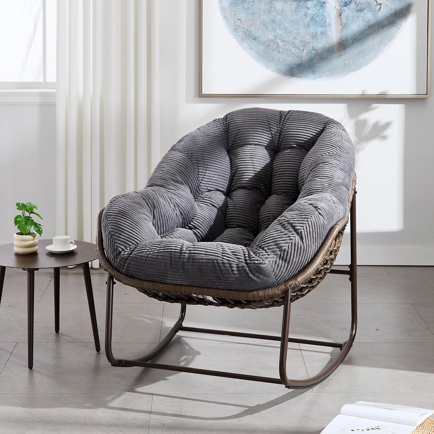 Large Indoor Outdoor Rocking Chair, Oversized Rocking Papasan Chair with Thick Cushion and Frame Outdoor Rocker, Comfy Wicker Egg Chairs Lounge for Outside Porch Patio Backyard Balcony