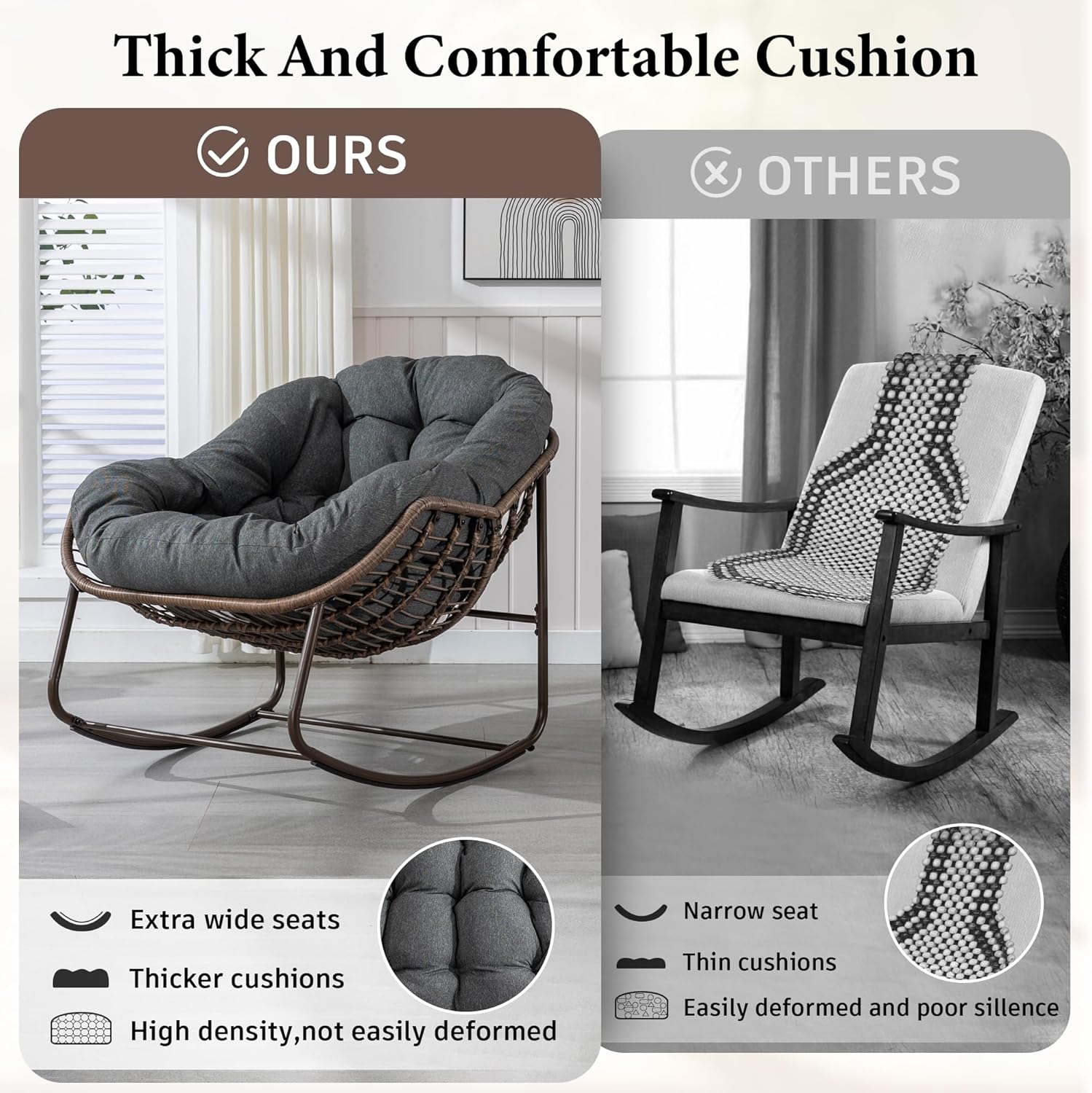 Large Indoor Outdoor Rocking Chair, Oversized Rocking Papasan Chair with Thick Cushion and Frame Outdoor Rocker, Comfy Wicker Egg Chairs Lounge for Outside Porch Patio Backyard Balcony
