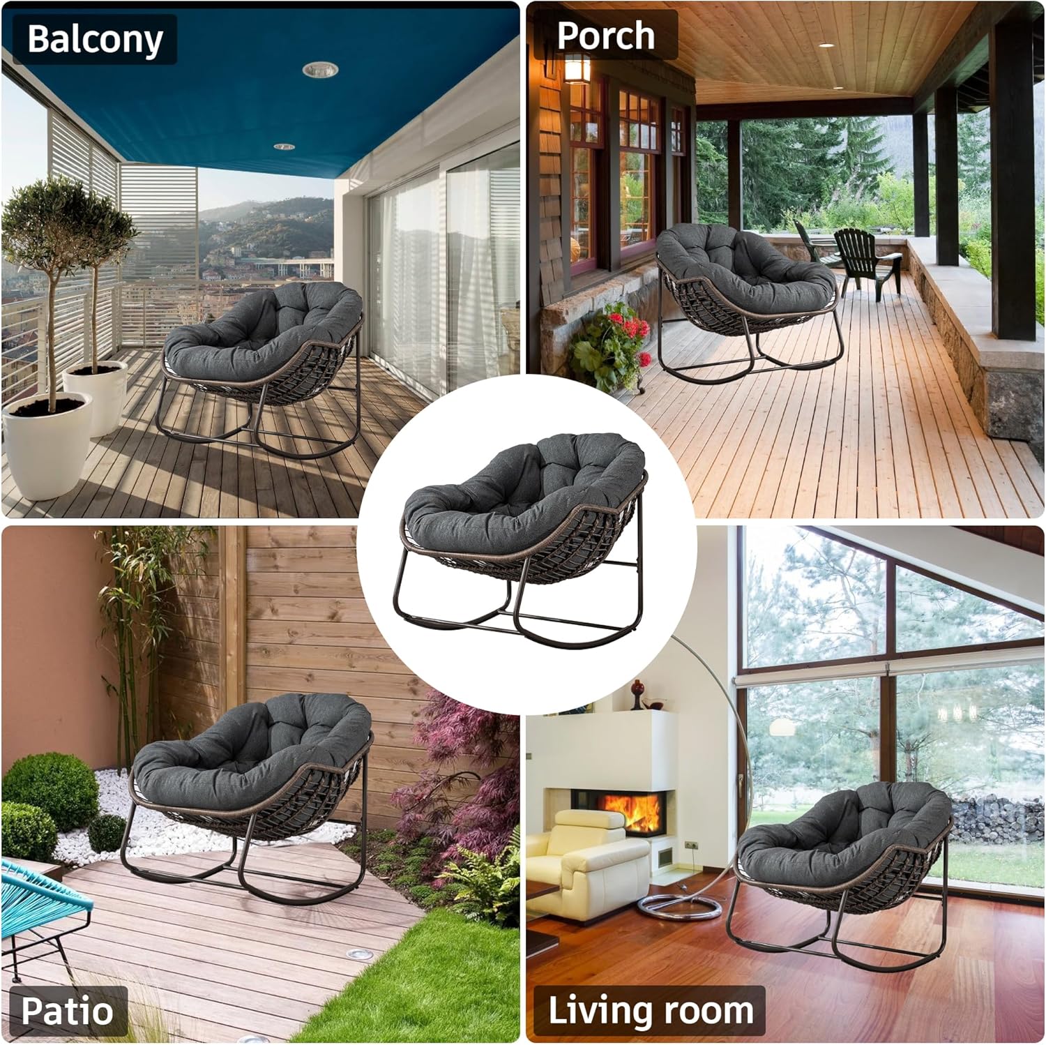 Large Indoor Outdoor Rocking Chair, Oversized Rocking Papasan Chair with Thick Cushion and Frame Outdoor Rocker, Comfy Wicker Egg Chairs Lounge for Outside Porch Patio Backyard Balcony