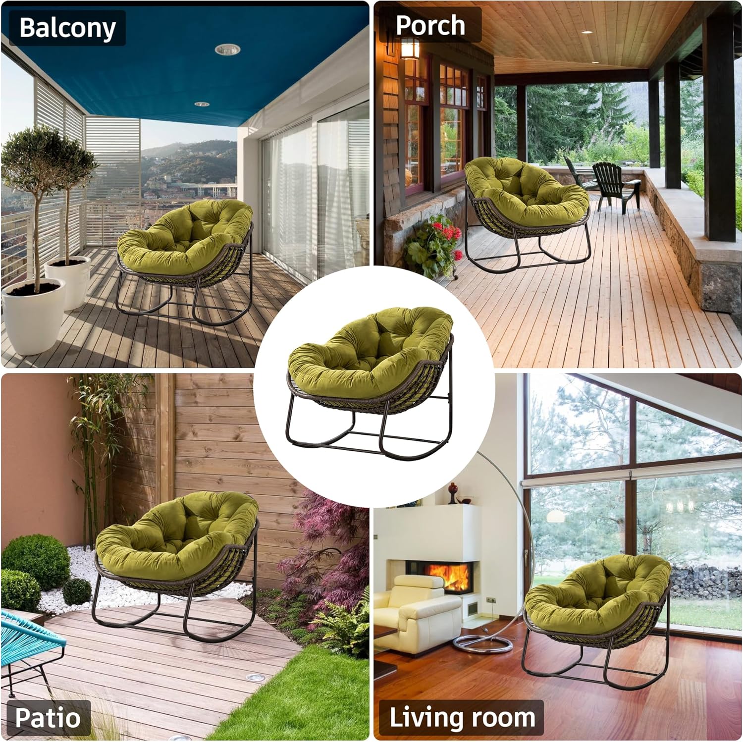Large Indoor Outdoor Rocking Chair, Oversized Rocking Papasan Chair with Thick Cushion and Frame Outdoor Rocker, Comfy Wicker Egg Chairs Lounge for Outside Porch Patio Backyard Balcony