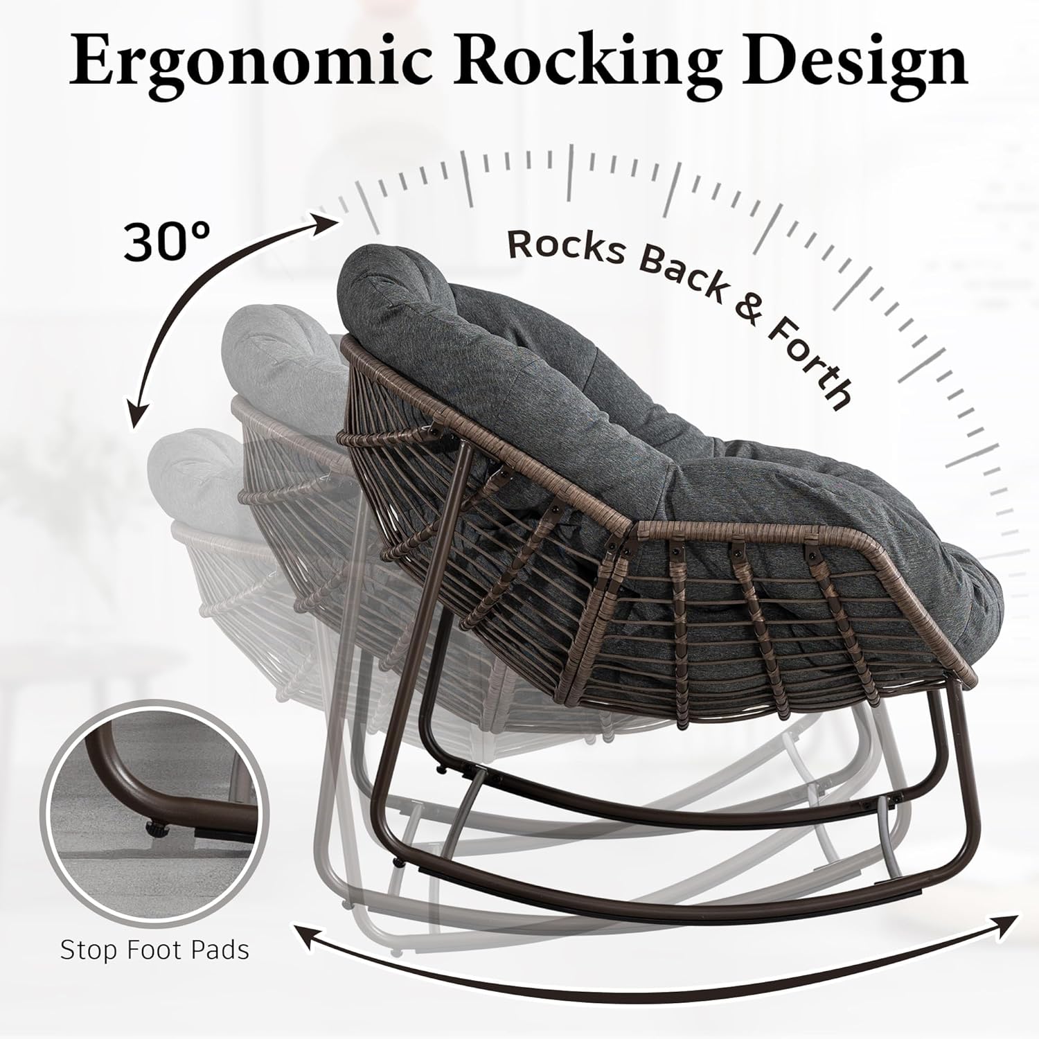 Large Indoor Outdoor Rocking Chair, Oversized Rocking Papasan Chair with Thick Cushion and Frame Outdoor Rocker, Comfy Wicker Egg Chairs Lounge for Outside Porch Patio Backyard Balcony
