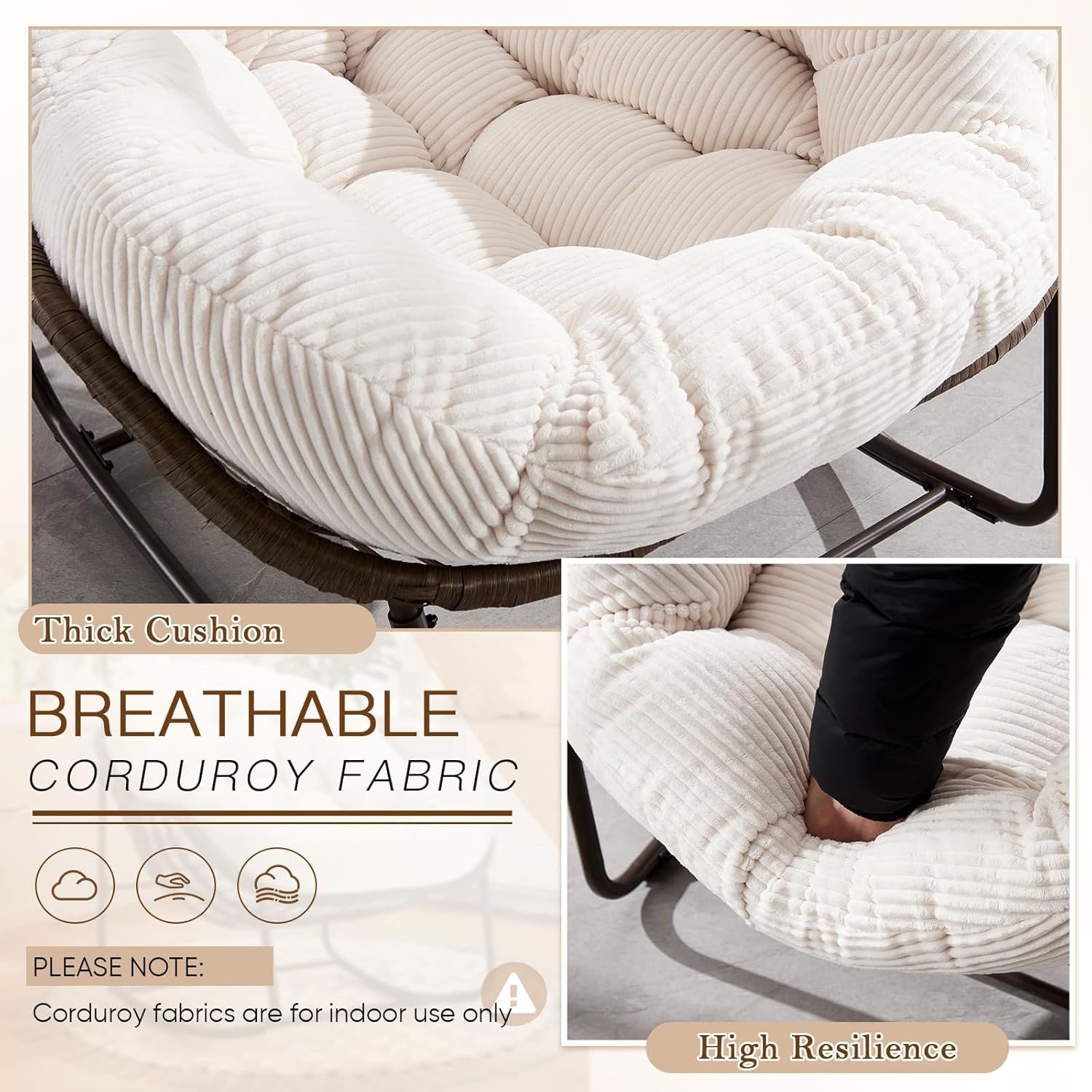 Large Indoor Outdoor Rocking Chair, Oversized Rocking Papasan Chair with Thick Cushion and Frame Outdoor Rocker, Comfy Wicker Egg Chairs Lounge for Outside Porch Patio Backyard Balcony