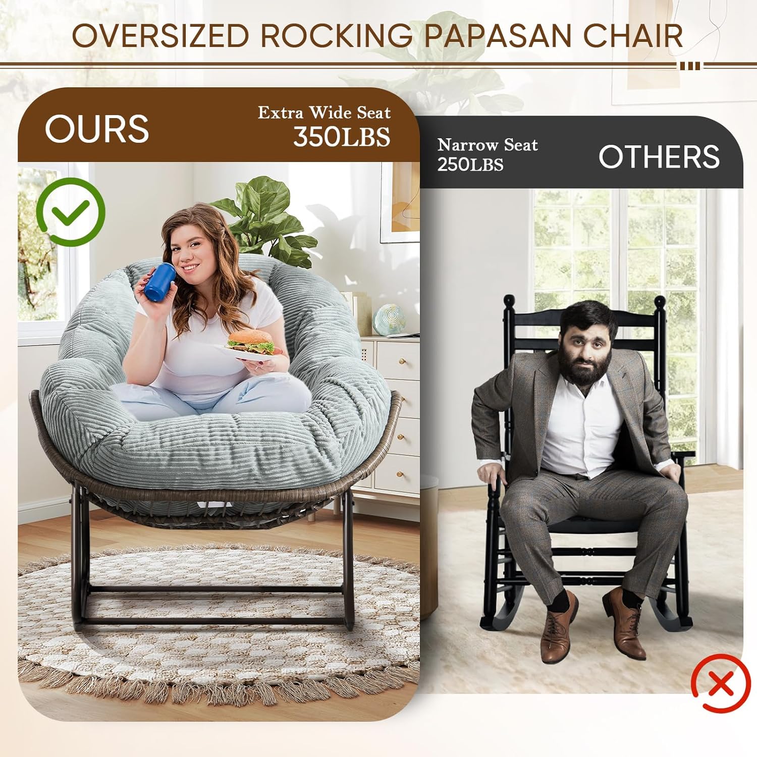 Large Indoor Outdoor Rocking Chair, Oversized Rocking Papasan Chair with Thick Cushion and Frame Outdoor Rocker, Comfy Wicker Egg Chairs Lounge for Outside Porch Patio Backyard Balcony