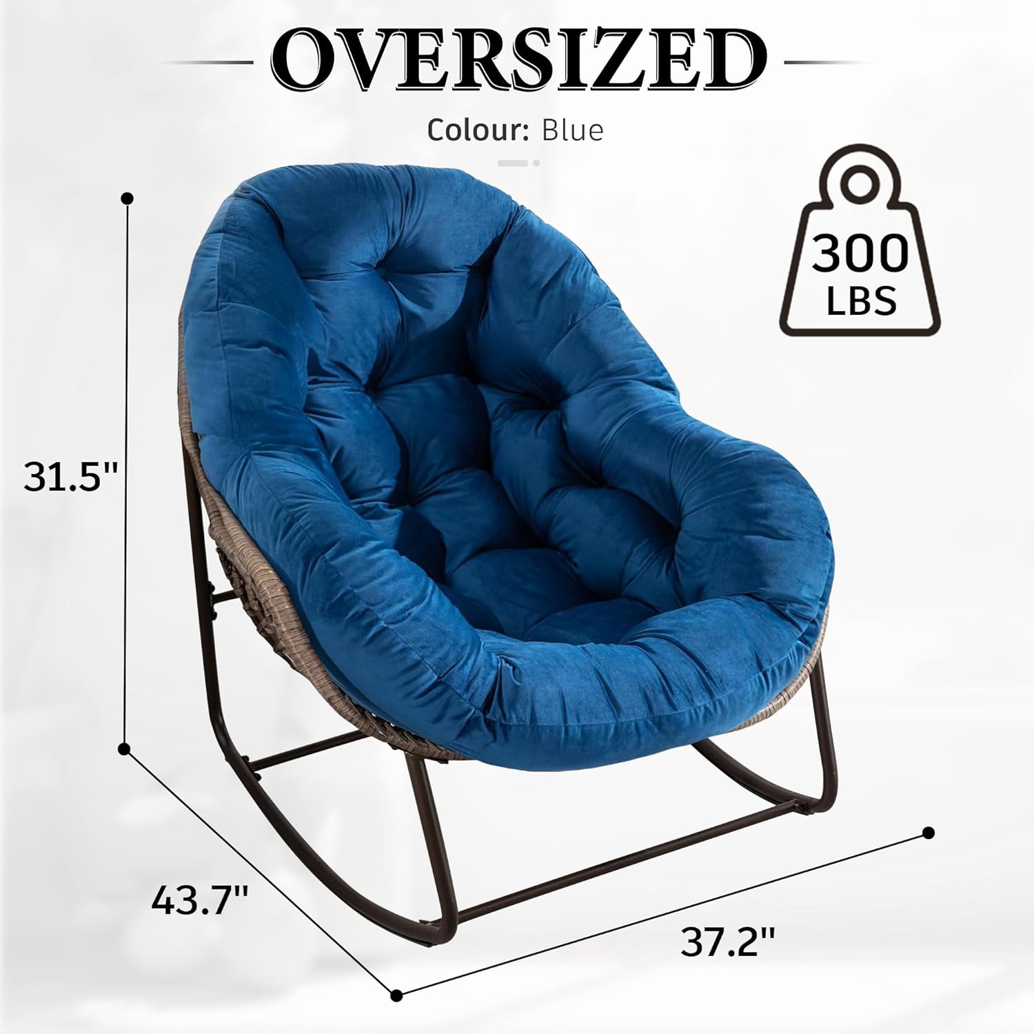 Large Indoor Outdoor Rocking Chair, Oversized Rocking Papasan Chair with Thick Cushion and Frame Outdoor Rocker, Comfy Wicker Egg Chairs Lounge for Outside Porch Patio Backyard Balcony