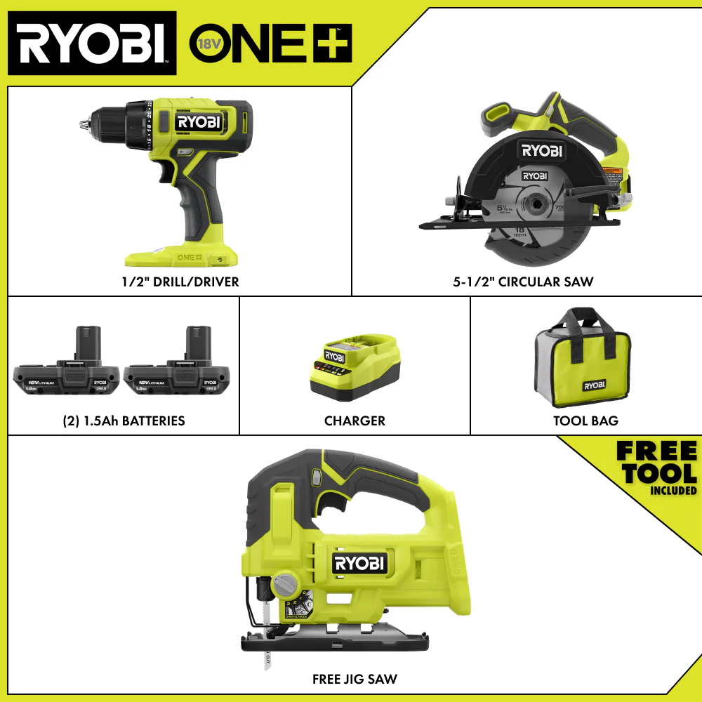 Ryobi 18V ONE+ 2-TOOL COMBO KIT WITH FREE 18V ONE+ JIG SAW