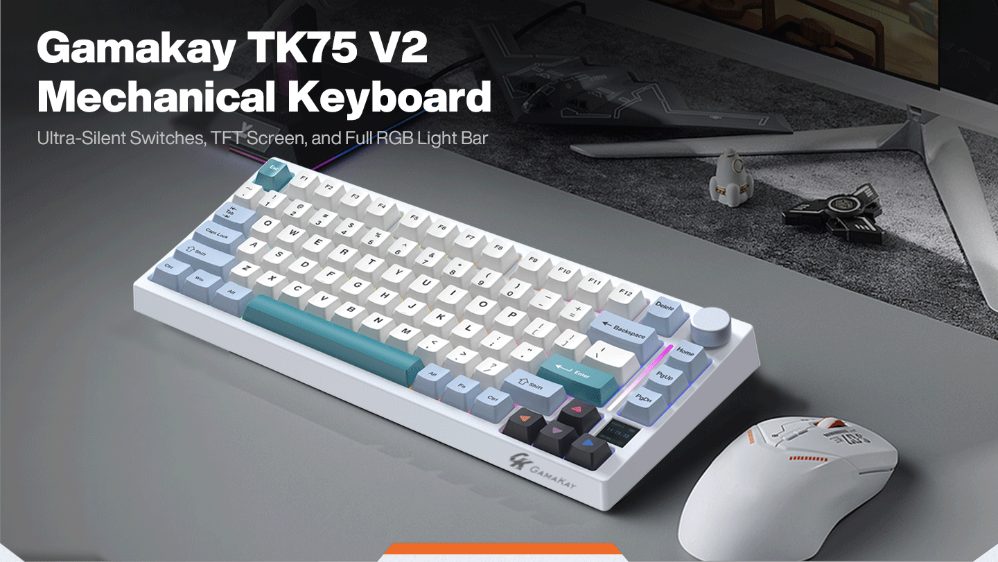 The Gamakay TK75 V2 Mechanical Silent Keyboard is an upgraded version of the TK75; in the V2 version, we have upgraded the look of the keyboard with a newly designed smart display and right-side light bar, as well as the Gamakay V2 Silent Switches for a better keying experience.