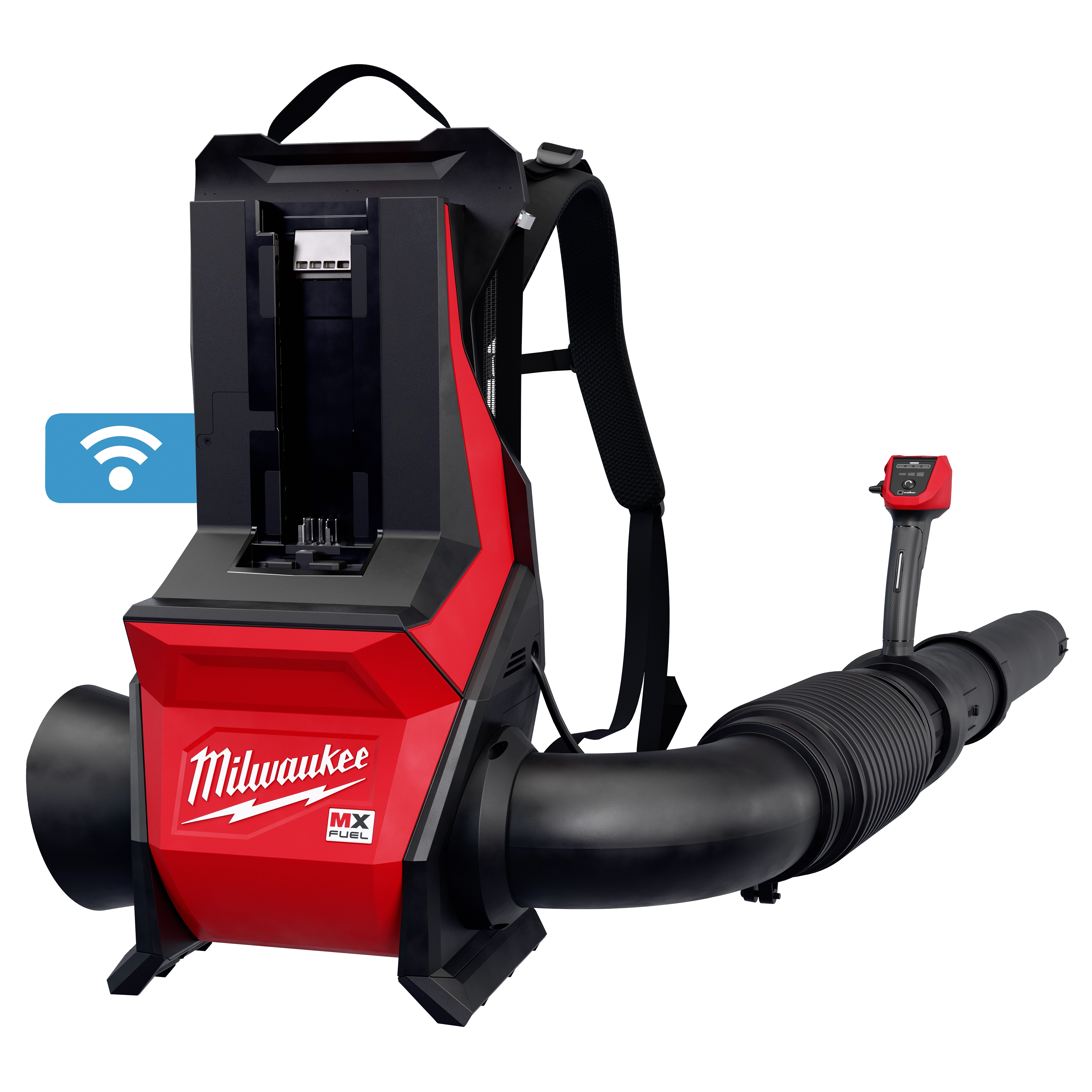 The image shows the MX FUEL&trade; Backpack Blower by Milwaukee, featuring a red and black design with a sturdy backpack frame, a flexible hose, and a control handle.