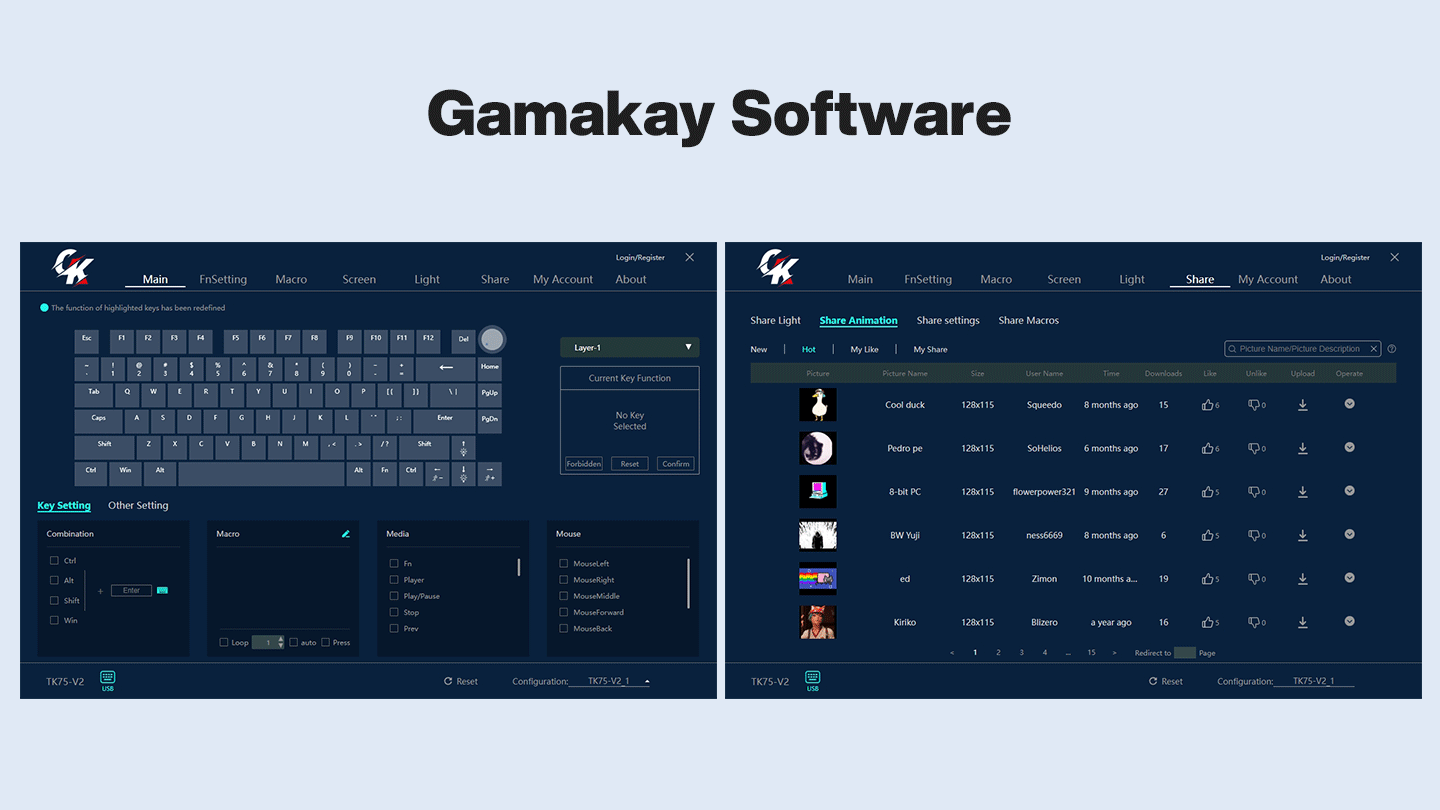 Customize the RGB setting, uplaod the Gif to the screen, desgin the marco, fn layer via gamakay driver.
