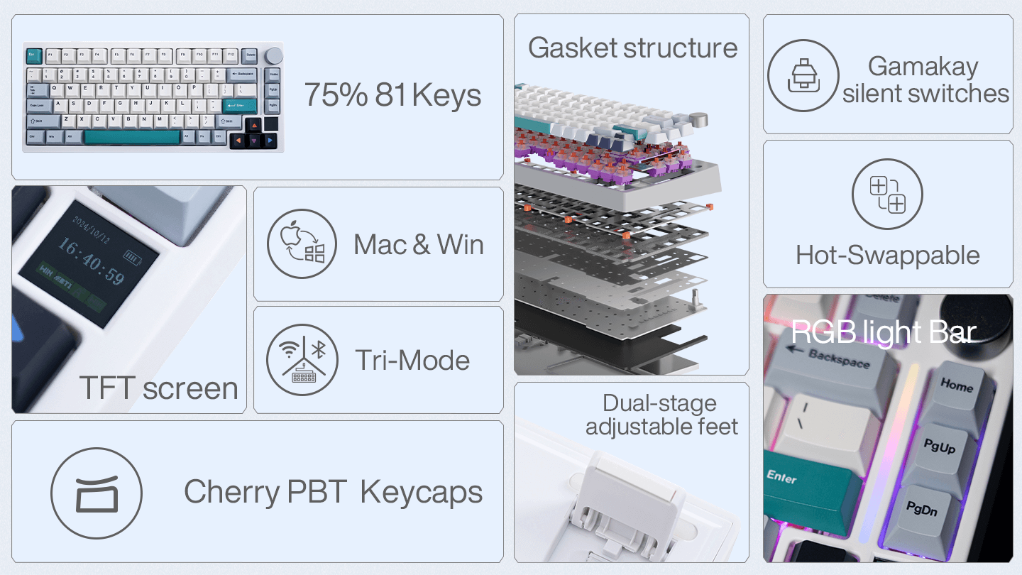The Gamakay TK75 V2 Mechanical Quiet Keyboard comes with a new display and light bar, tri-mode connectivity and a 4000mah battery for ease of use, and a gasket-mounted interior with acoustic pads and mute switches to ensure the quietest possible typing experience.