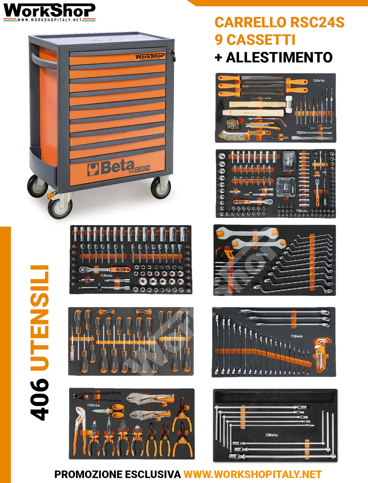 Carrello RSC24 9 cassetti Beta + Allestimento 406 Utensili in termoformato morbido