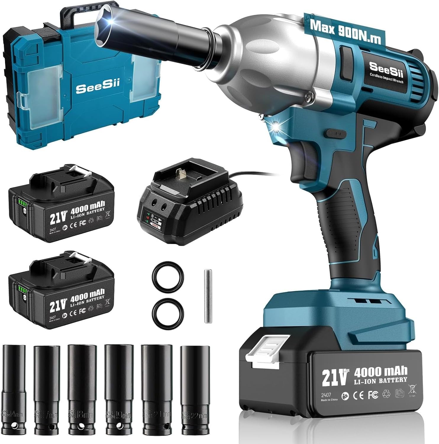 Chave de Impacto Seesii 665 FT-LBS (900 N.m) 3300IPM 1/2 Pistola de Impacto Elétrica de Alto Torque Chave de Impacto Sem Fio com Bateria de 21 V 2x4.0 Ah 6 Soquetes e Alojamento para Casa Carro Camião Conjunto de Ferramentas para Remover Porcas de Roda