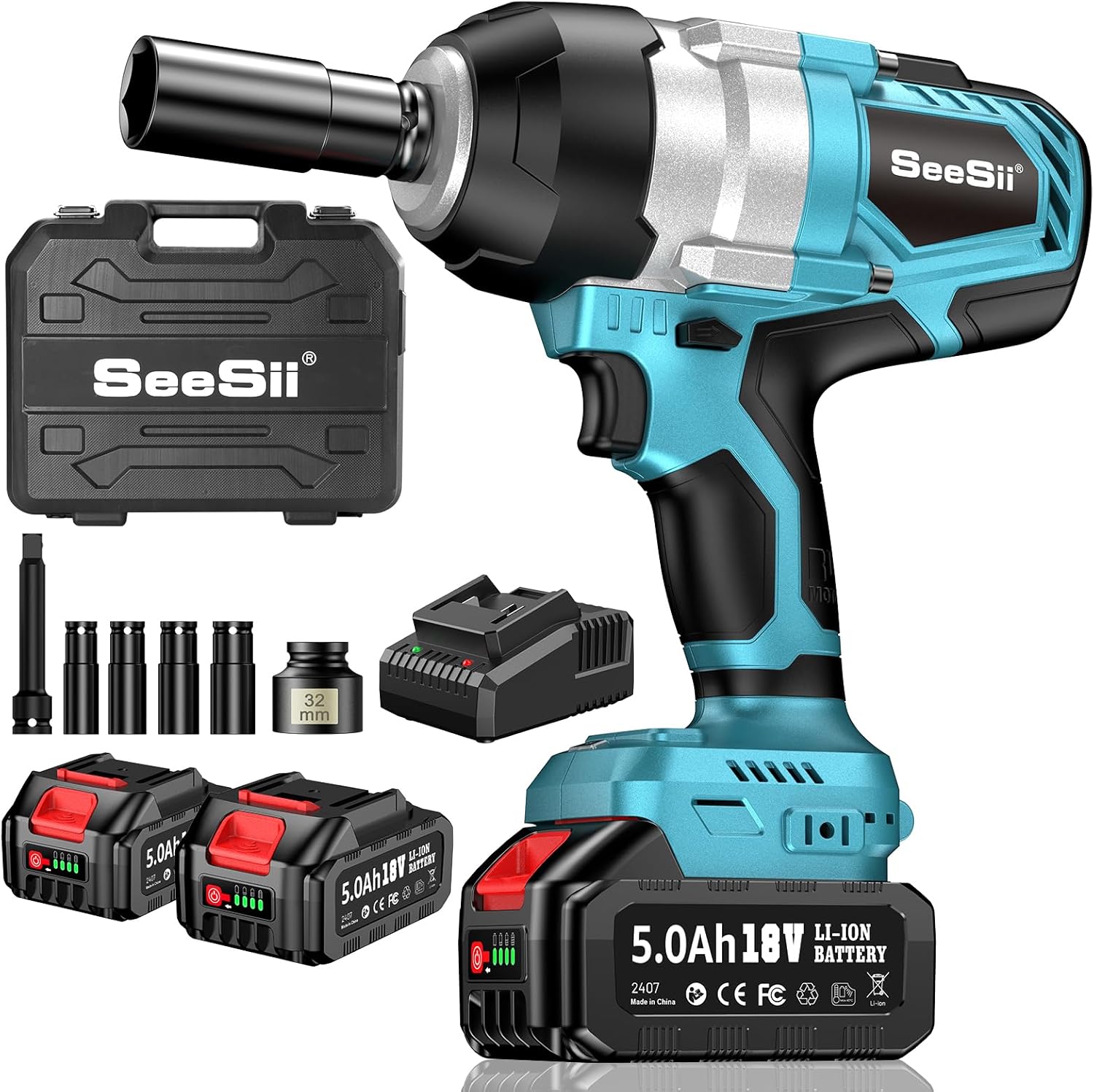 Chave de Impacto Seesii 1300NM de Alto Torque 1/2, Kit de Pistola de Impacto Sem Escovas de 960 Ft-lbs com Anel de Fricção, 2 Baterias Recarregáveis ​​de 5,0 Ah, Chave de Impacto Sem Fio para Camiões, Projetos Pesados, WH810