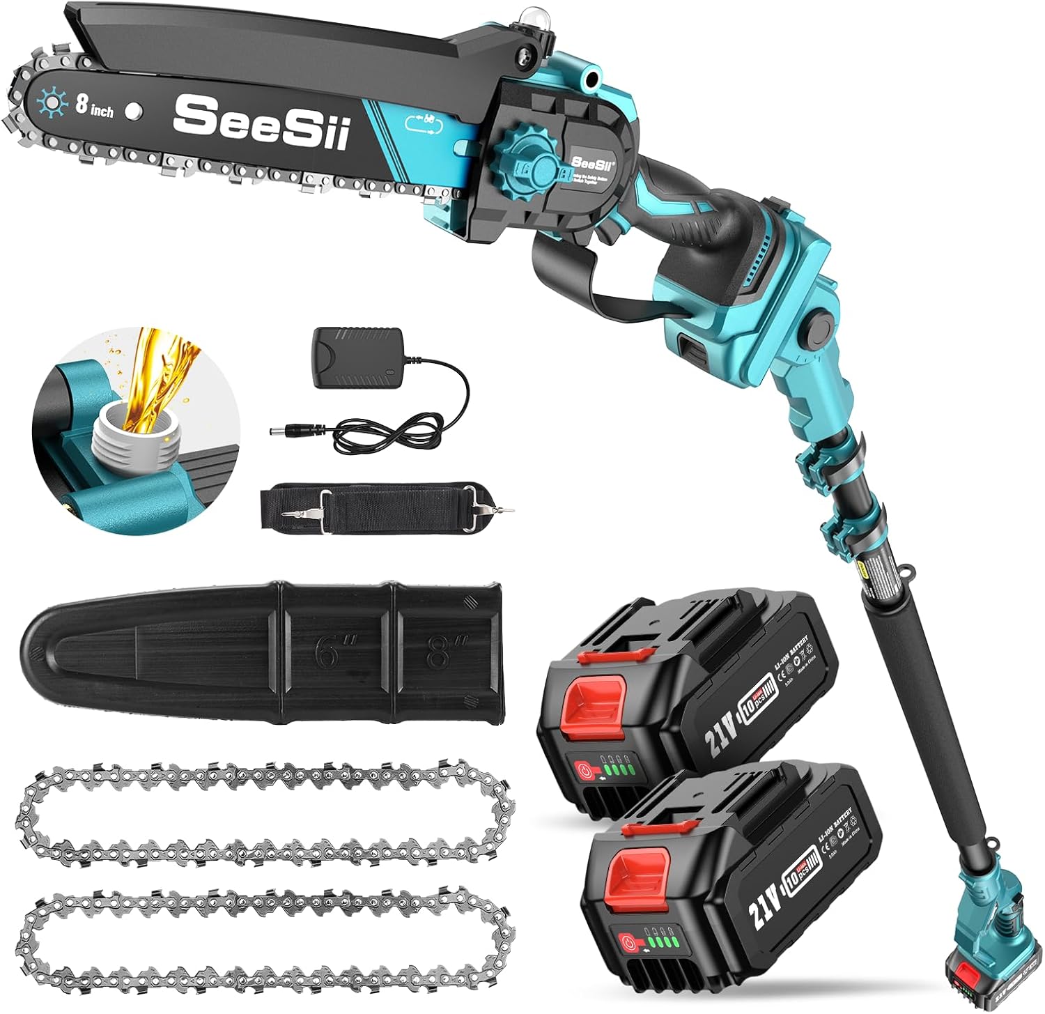 Seesii PS810 Serra de vara sem fio 2 em 1 e mini motosserra, serra elétrica sem escovas de 8 polegadas com 2 pilhas de 4,0 Ah, máx. 16 pés, motosserra com haste de extensão para corte de madeira, poda de ramos