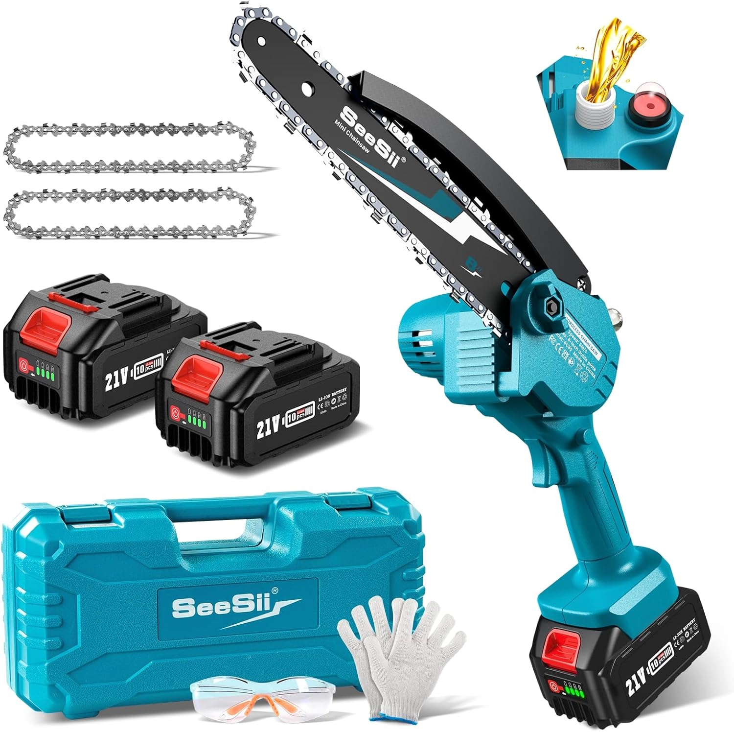 Mini motosserra Seesii de 8 polegadas, conjunto de ferramentas para mini motosserra sem fios, motosserra a bateria com 2 baterias de 4,0 Ah, motosserra elétrica portátil com lubrificador, fecho de segurança para poda de árvores e corte de madeira