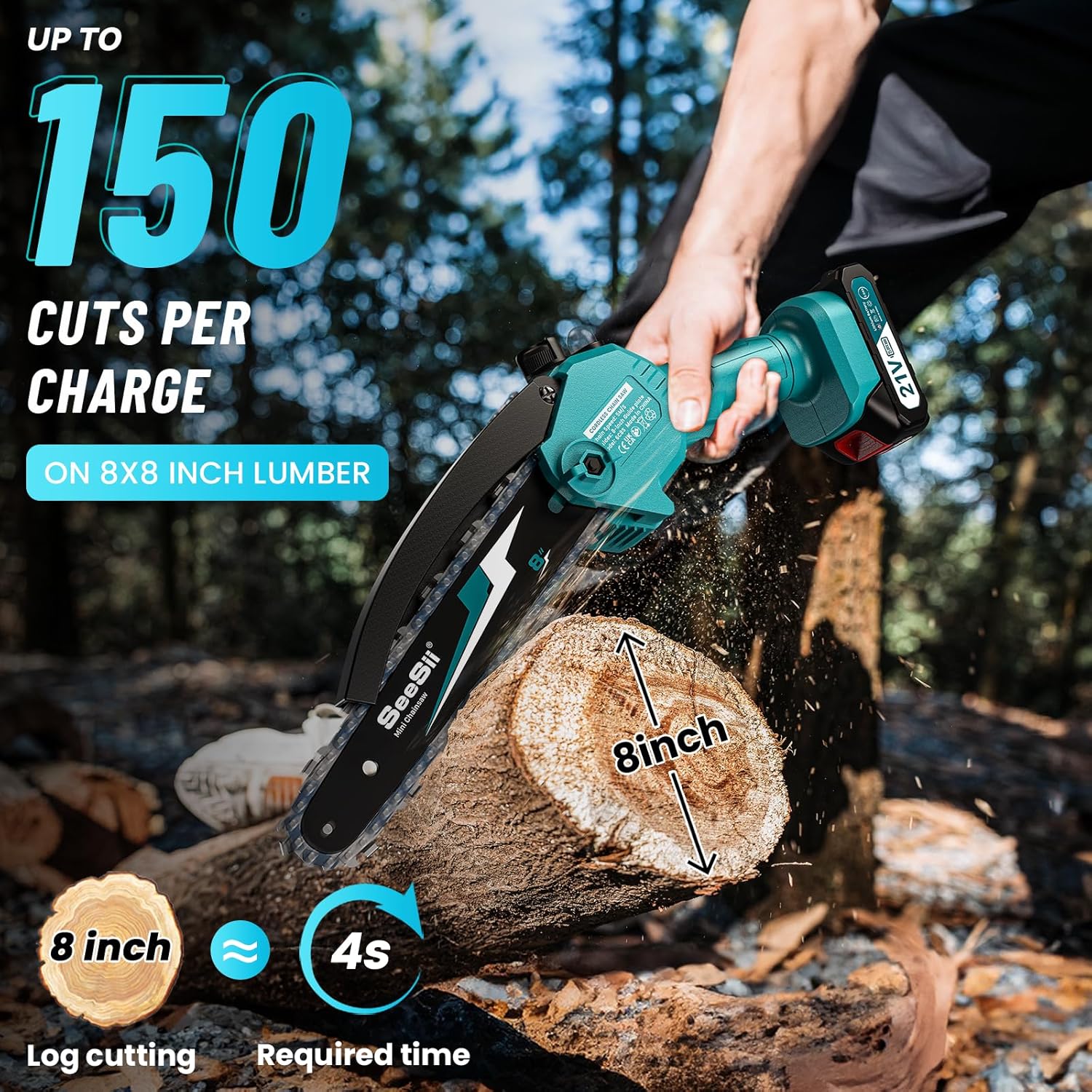Mini motosserra Seesii de 8 polegadas, motosserra sem fios com 2 baterias de 2000 mAh, sistema de abastecimento de óleo e corrente de substituição, motosserra portátil com fecho de segurança, motosserra a bateria para corte de árvores, CH820+