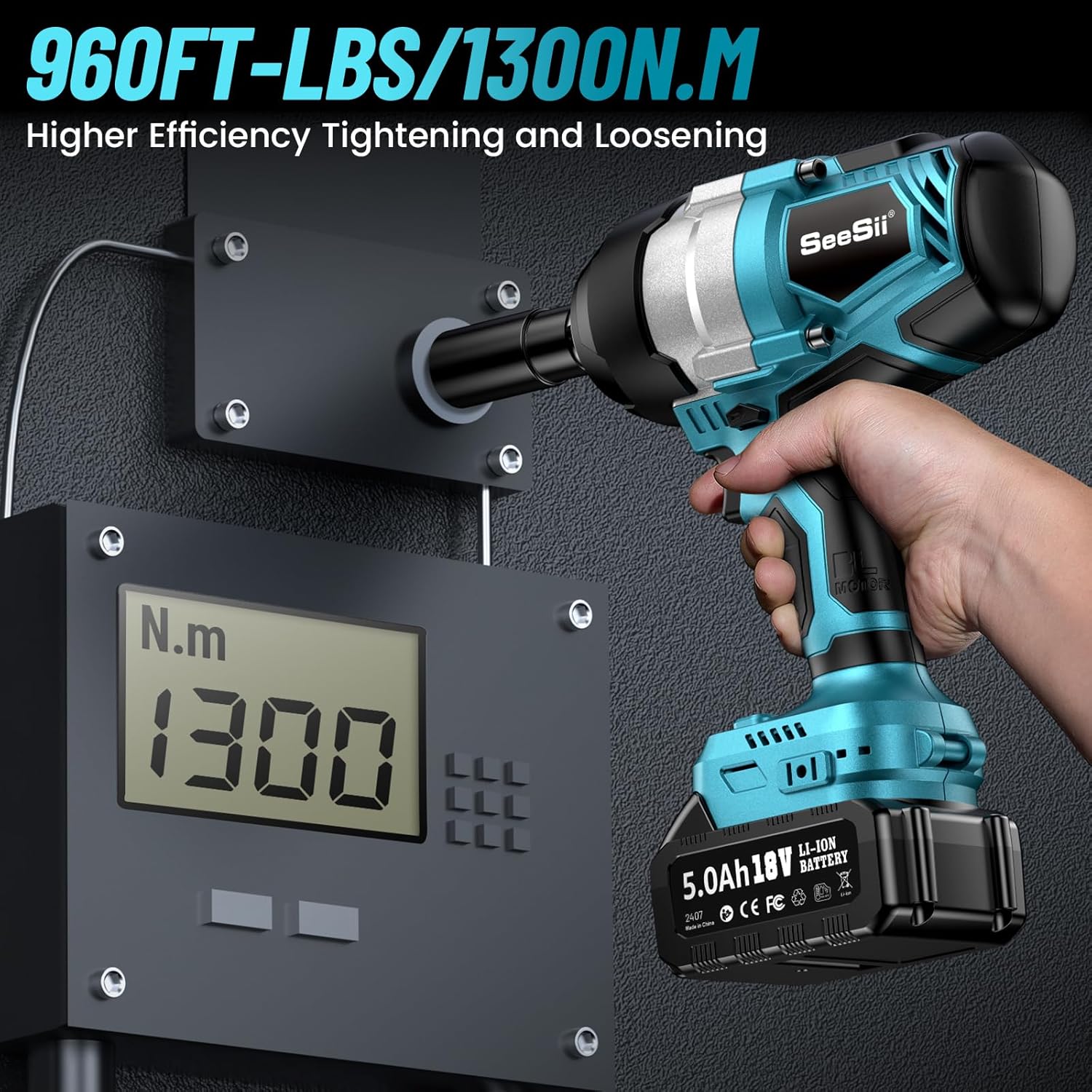 Chave de Impacto Seesii 1300NM de Alto Torque 1/2, Kit de Pistola de Impacto Sem Escovas de 960 Ft-lbs com Anel de Fricção, 2 Baterias Recarregáveis ​​de 5,0 Ah, Chave de Impacto Sem Fio para Camiões, Projetos Pesados, WH810
