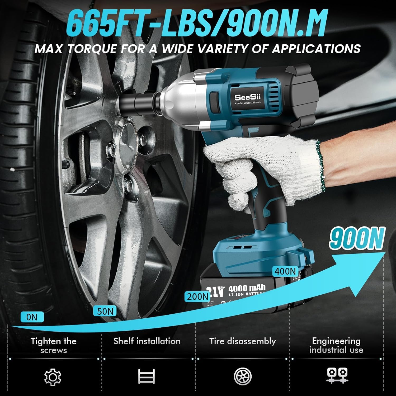 Chave de Impacto Seesii 665 FT-LBS (900 N.m) 3300IPM 1/2 Pistola de Impacto Elétrica de Alto Torque Chave de Impacto Sem Fio com Bateria de 21 V 2x4.0 Ah 6 Soquetes e Alojamento para Casa Carro Camião Conjunto de Ferramentas para Remover Porcas de Roda