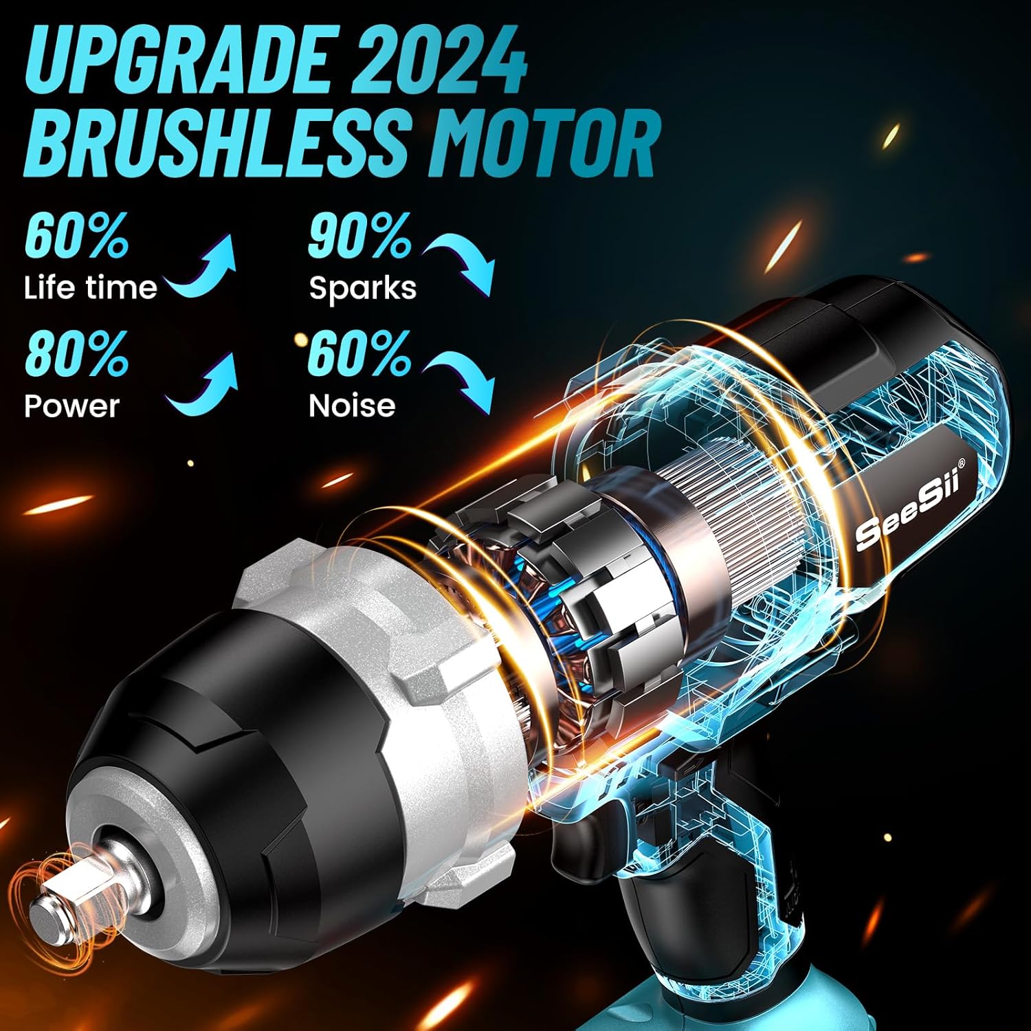 Chave de Impacto Seesii 1300NM de Alto Torque 1/2, Kit de Pistola de Impacto Sem Escovas de 960 Ft-lbs com Anel de Fricção, 2 Baterias Recarregáveis ​​de 5,0 Ah, Chave de Impacto Sem Fio para Camiões, Projetos Pesados, WH810