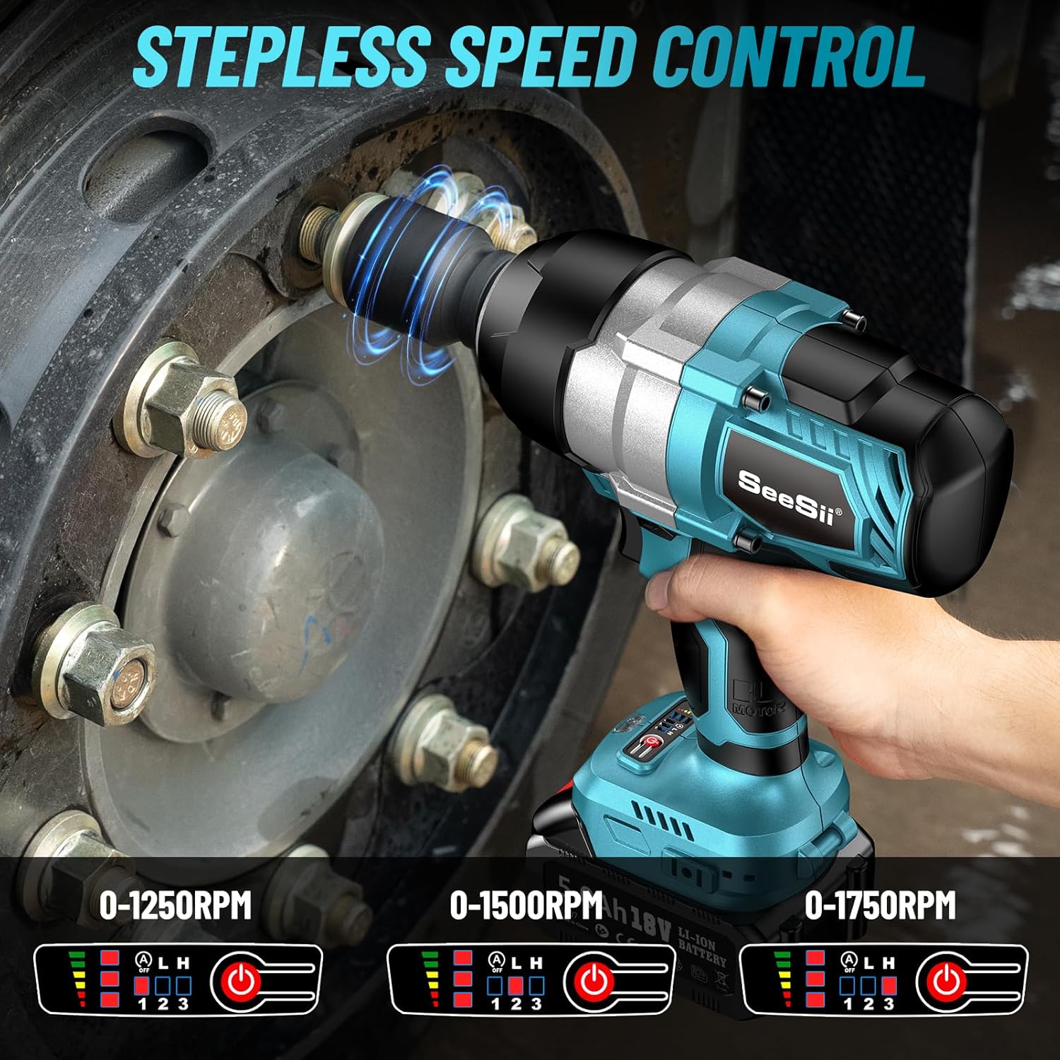 Chave de Impacto Seesii 1300NM de Alto Torque 1/2, Kit de Pistola de Impacto Sem Escovas de 960 Ft-lbs com Anel de Fricção, 2 Baterias Recarregáveis ​​de 5,0 Ah, Chave de Impacto Sem Fio para Camiões, Projetos Pesados, WH810