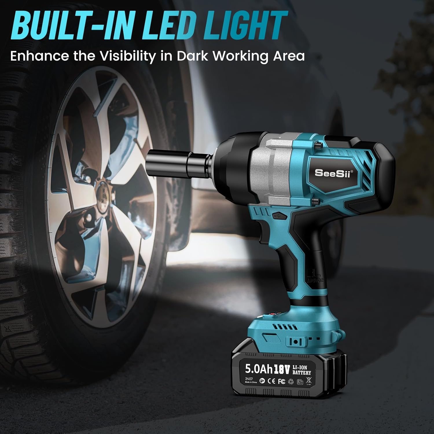 Chave de Impacto Seesii 1300NM de Alto Torque 1/2, Kit de Pistola de Impacto Sem Escovas de 960 Ft-lbs com Anel de Fricção, 2 Baterias Recarregáveis ​​de 5,0 Ah, Chave de Impacto Sem Fio para Camiões, Projetos Pesados, WH810