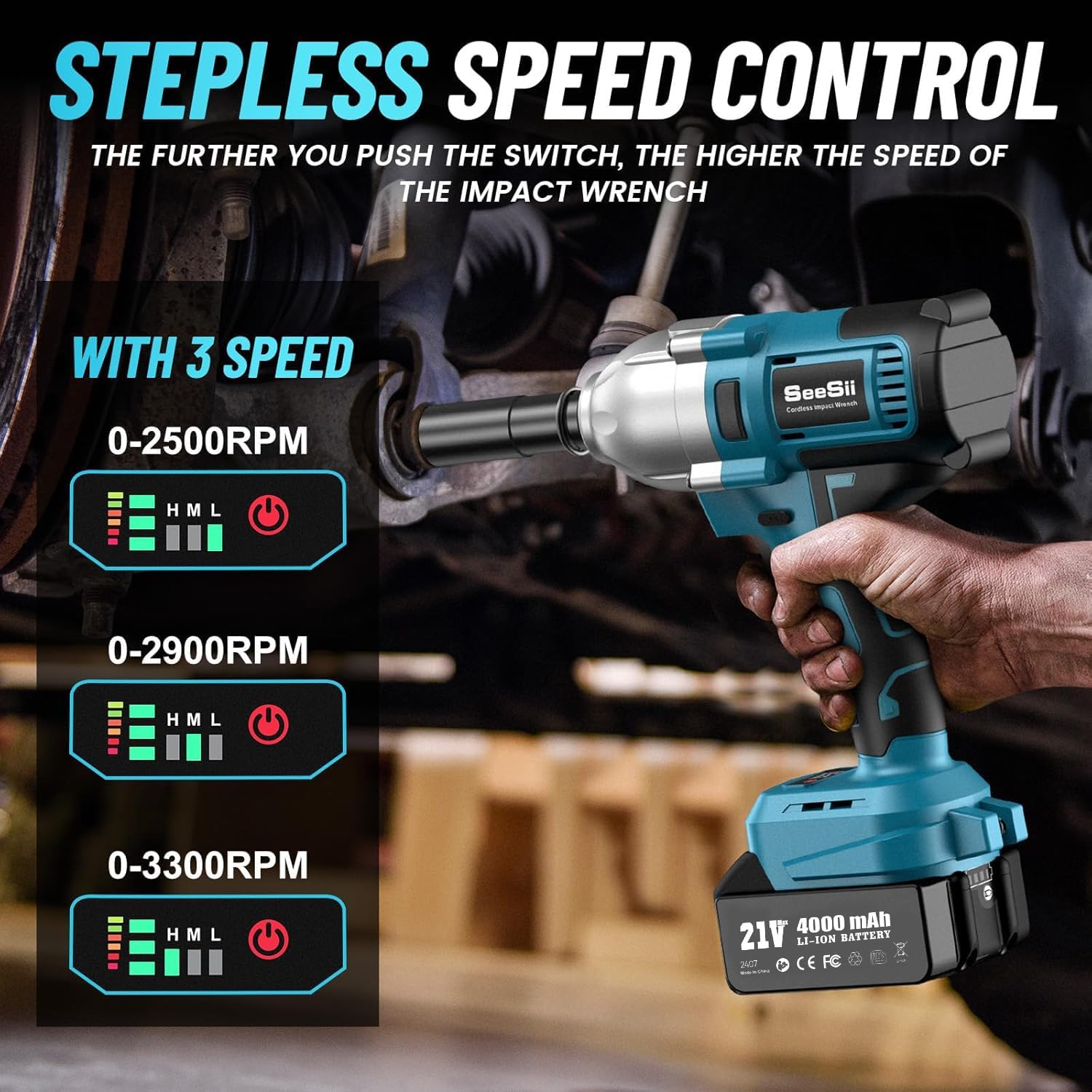 Chave de Impacto Seesii 665 FT-LBS (900 N.m) 3300IPM 1/2 Pistola de Impacto Elétrica de Alto Torque Chave de Impacto Sem Fio com Bateria de 21 V 2x4.0 Ah 6 Soquetes e Alojamento para Casa Carro Camião Conjunto de Ferramentas para Remover Porcas de Roda