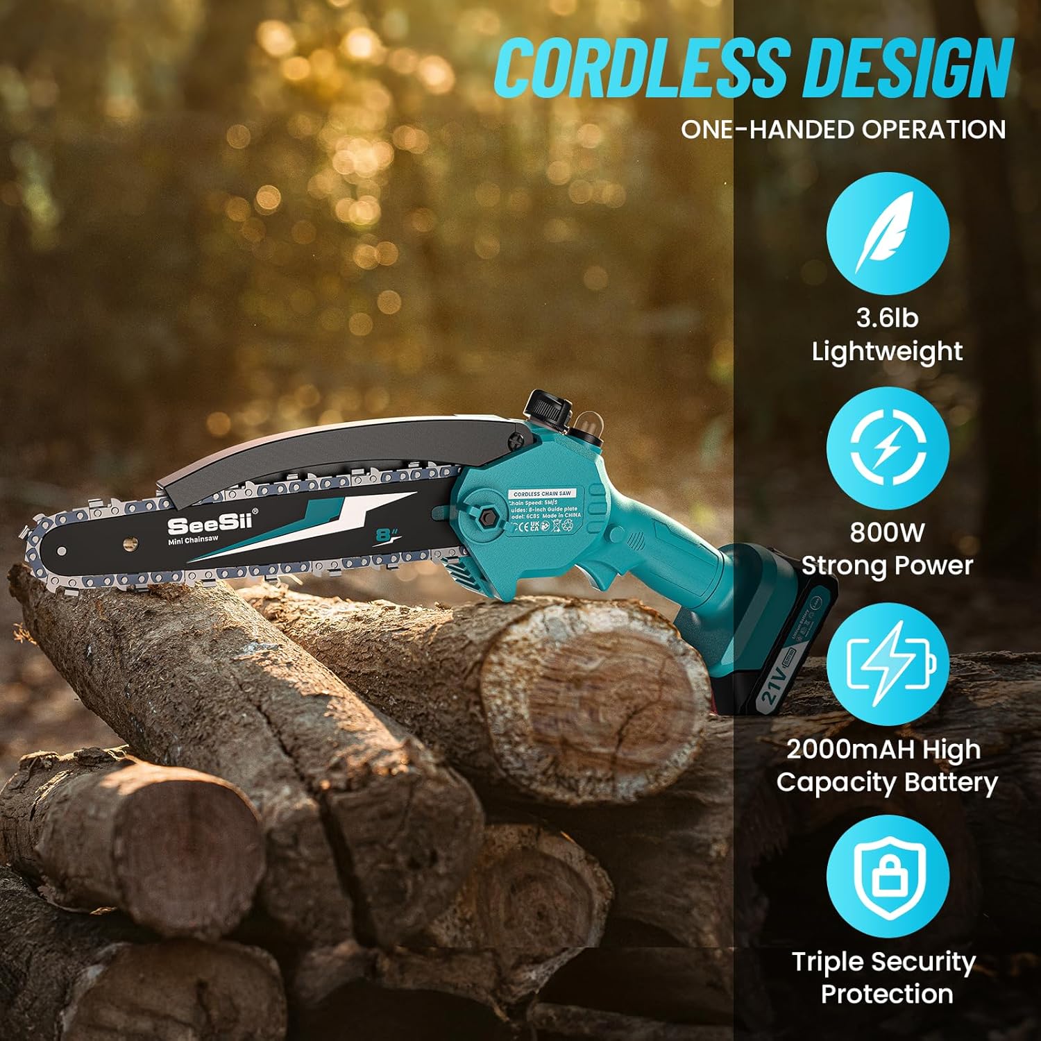 Mini motosserra Seesii de 8 polegadas, motosserra sem fios com 2 baterias de 2000 mAh, sistema de abastecimento de óleo e corrente de substituição, motosserra portátil com fecho de segurança, motosserra a bateria para corte de árvores, CH820+