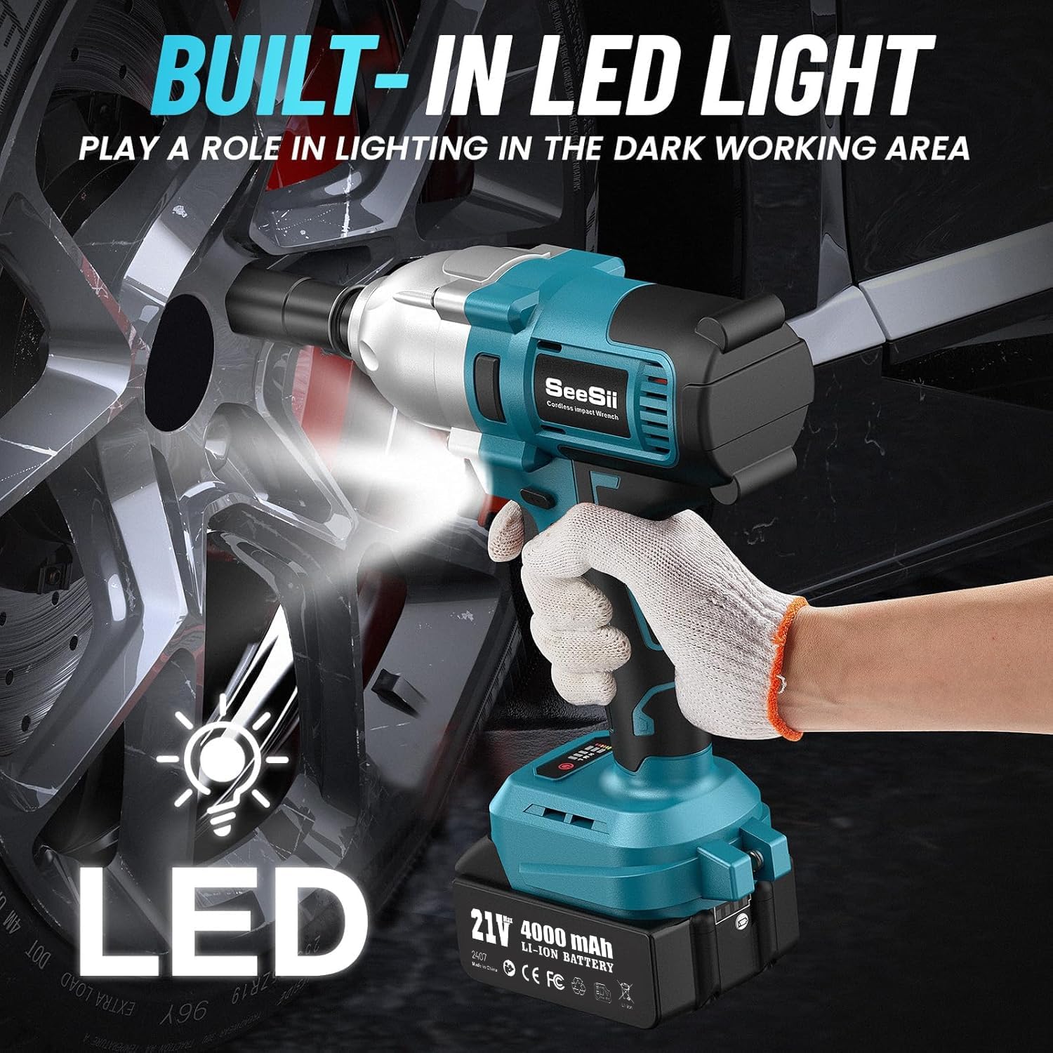 Chave de Impacto Seesii 665 FT-LBS (900 N.m) 3300IPM 1/2 Pistola de Impacto Elétrica de Alto Torque Chave de Impacto Sem Fio com Bateria de 21 V 2x4.0 Ah 6 Soquetes e Alojamento para Casa Carro Camião Conjunto de Ferramentas para Remover Porcas de Roda
