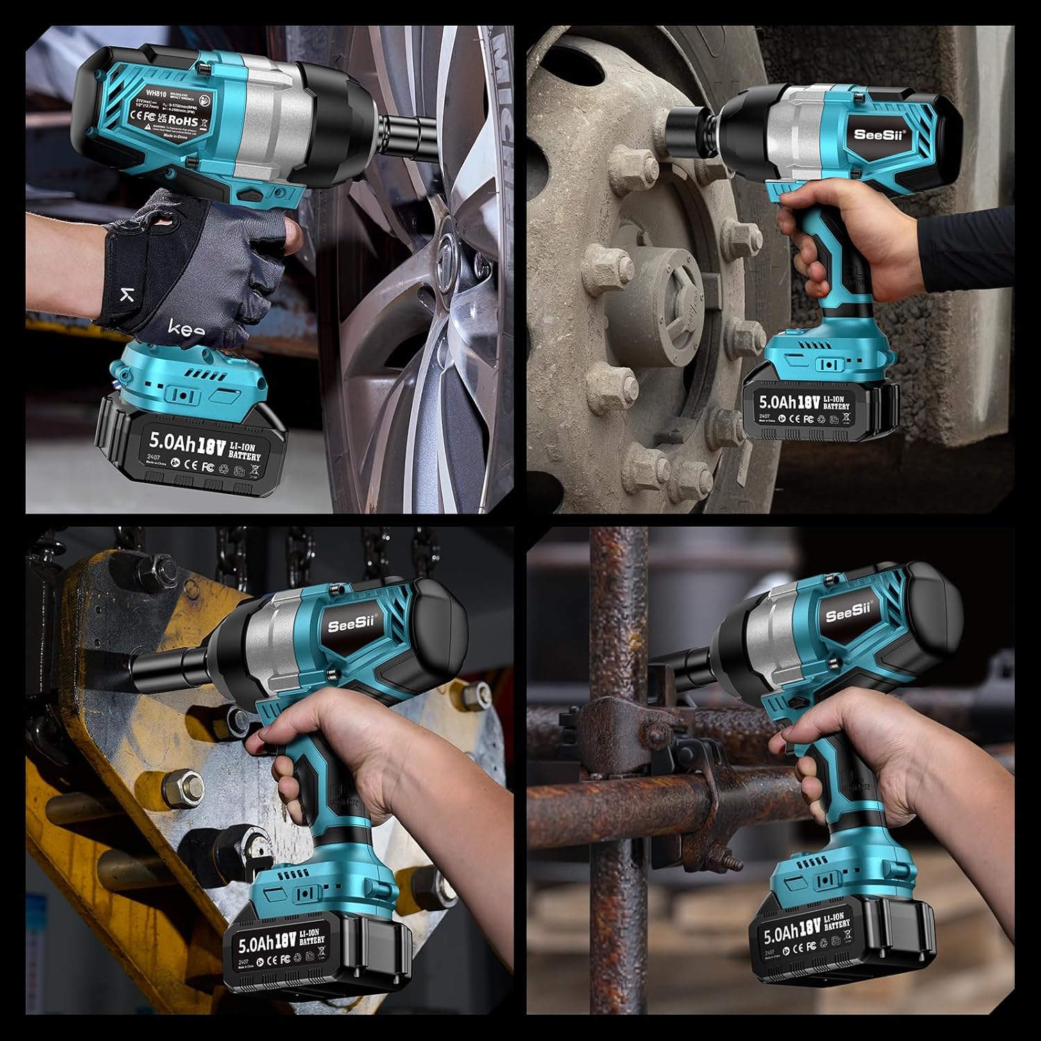 Chave de Impacto Seesii 1300NM de Alto Torque 1/2, Kit de Pistola de Impacto Sem Escovas de 960 Ft-lbs com Anel de Fricção, 2 Baterias Recarregáveis ​​de 5,0 Ah, Chave de Impacto Sem Fio para Camiões, Projetos Pesados, WH810