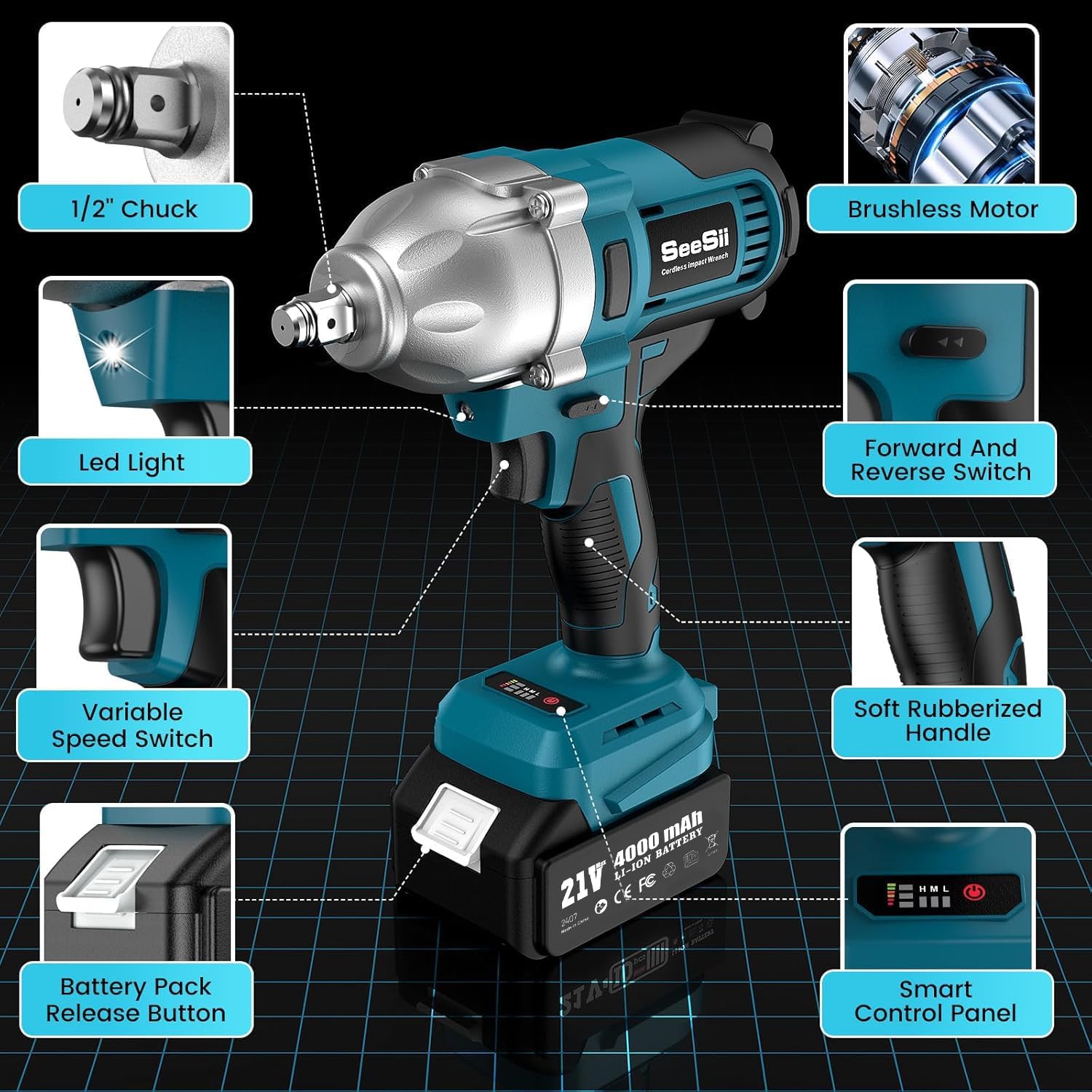 Chave de Impacto Seesii 665 FT-LBS (900 N.m) 3300IPM 1/2 Pistola de Impacto Elétrica de Alto Torque Chave de Impacto Sem Fio com Bateria de 21 V 2x4.0 Ah 6 Soquetes e Alojamento para Casa Carro Camião Conjunto de Ferramentas para Remover Porcas de Roda