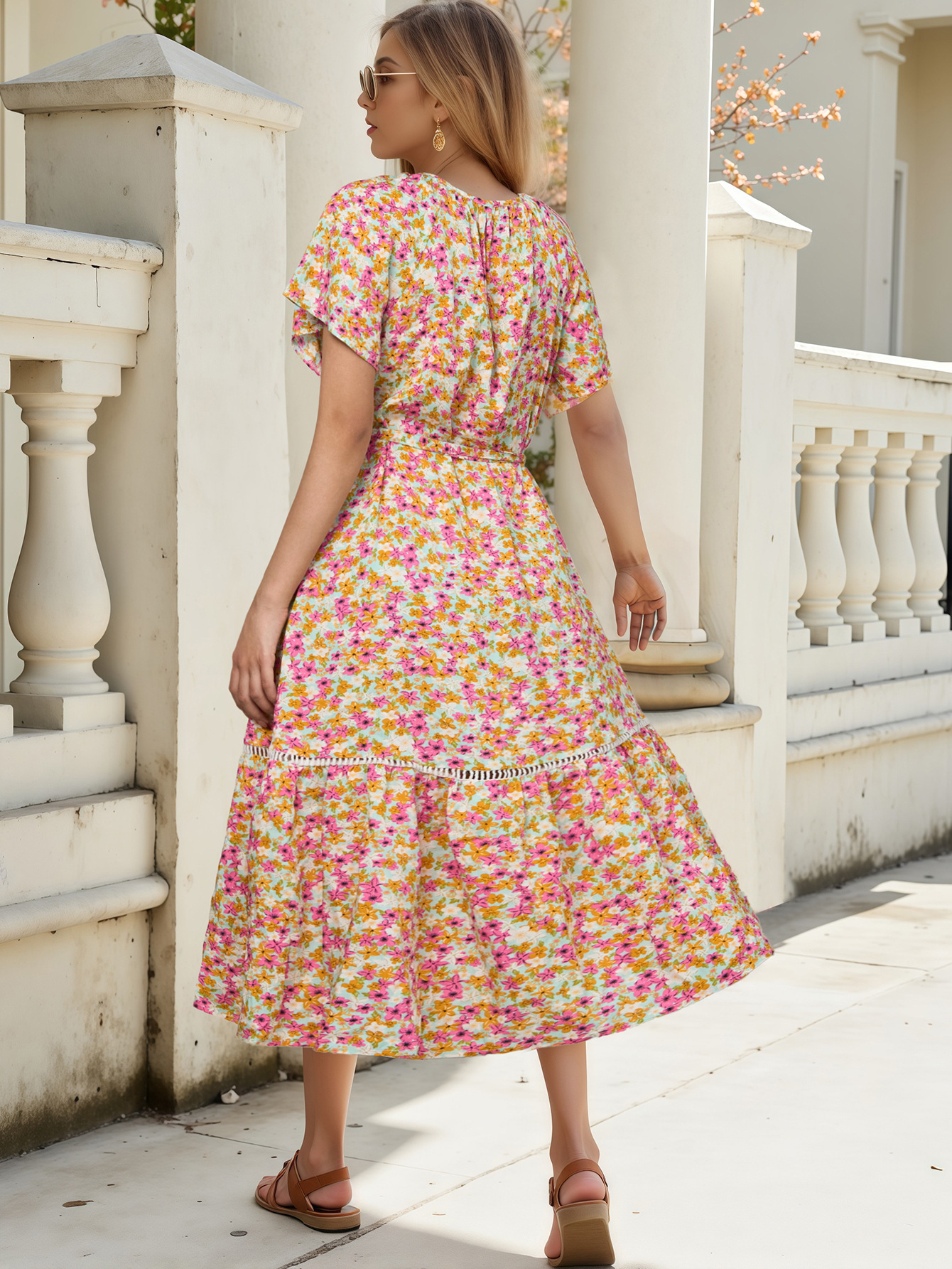 Cotton Printed Dress with Eyelet Lace Trim and Ruffled Paneling – Short Sleeves