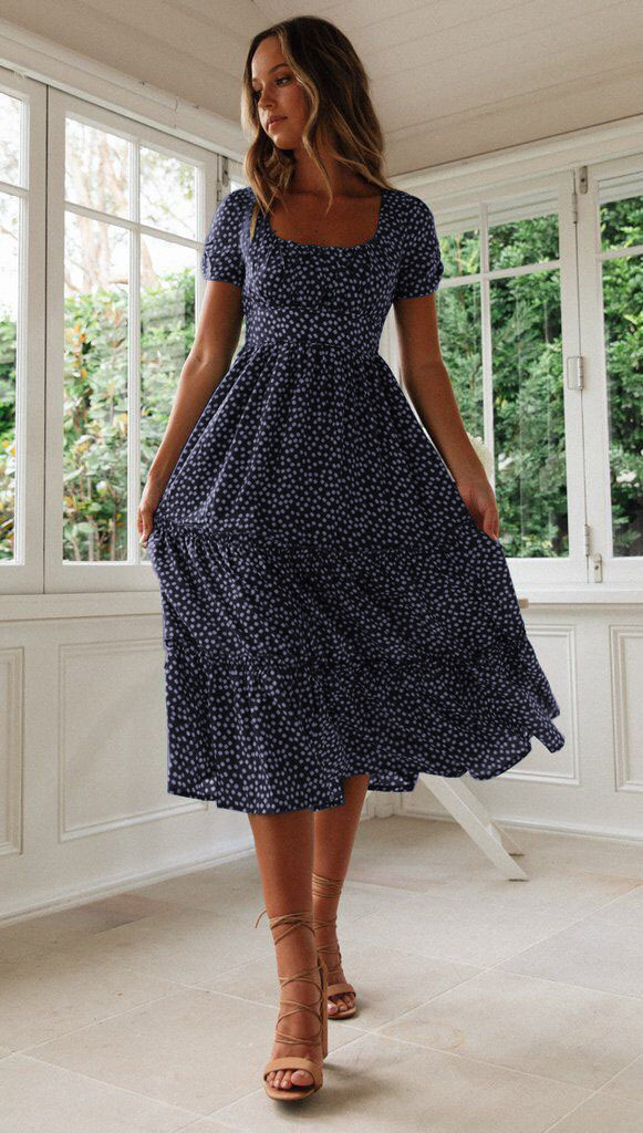 Square Neck Puff Sleeve Floral Print Maxi Dress