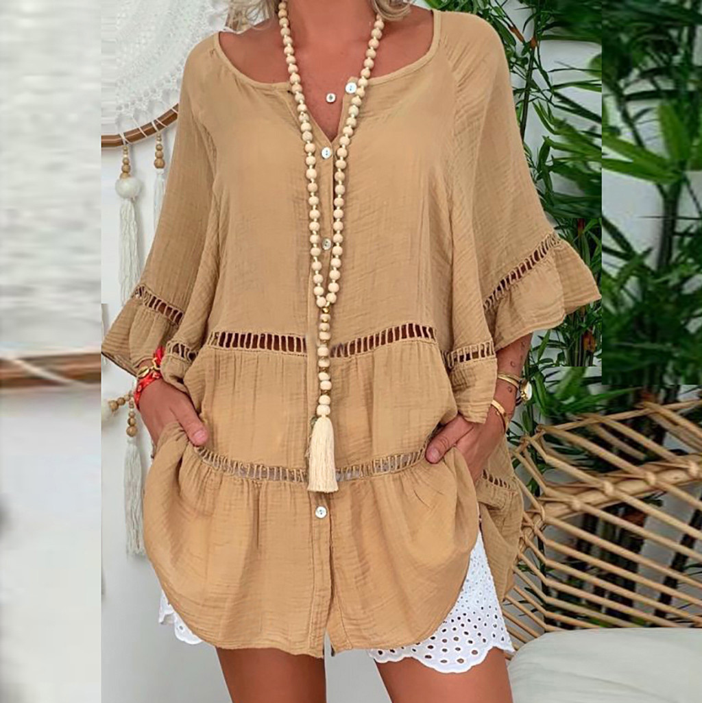 Women's 3/4-Sleeve Cotton-Linen V-Neck Loose-Fit Button-Down Hollow-Out Top Dress
