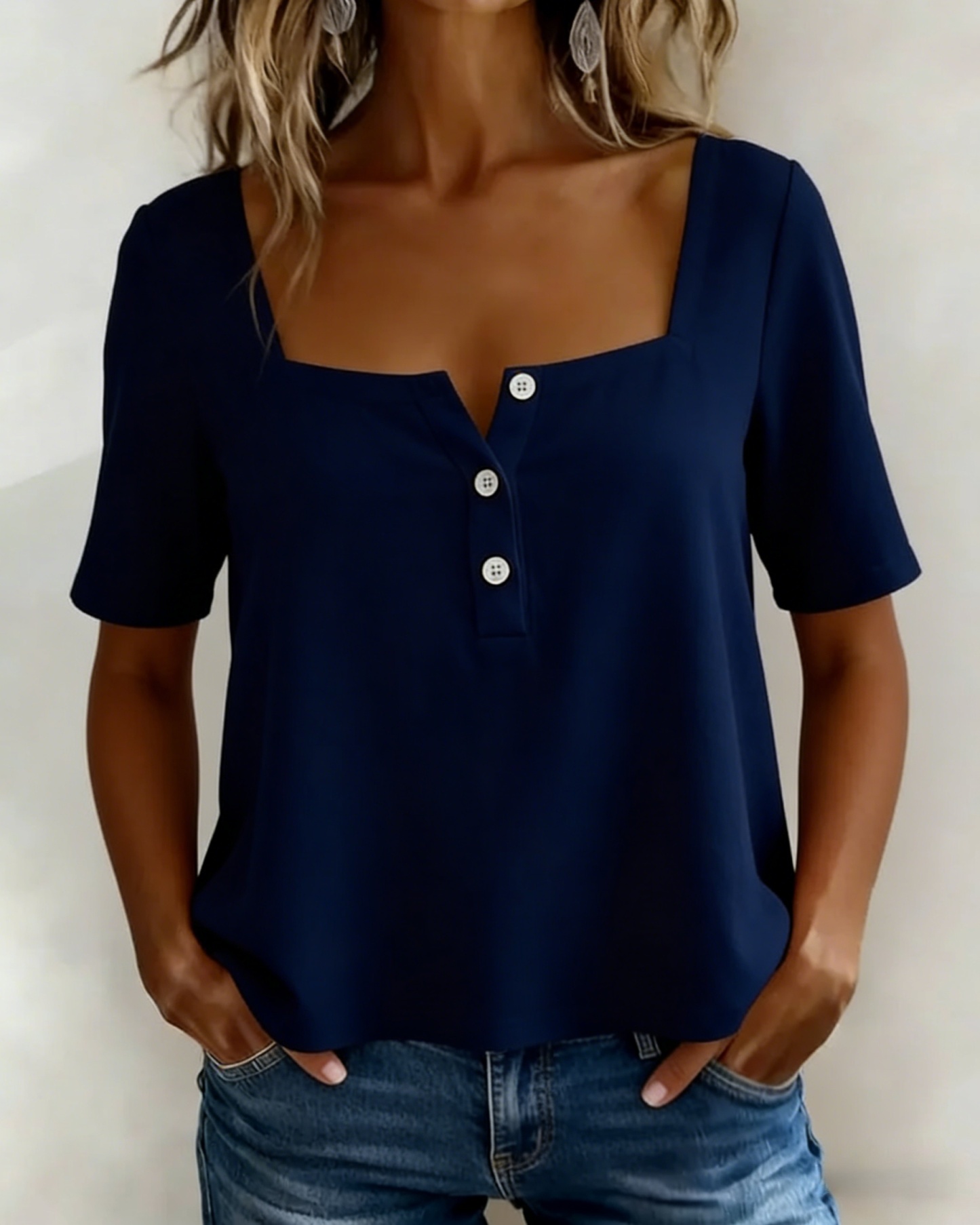 🌸 Pink Square Neck Half Button Blouse