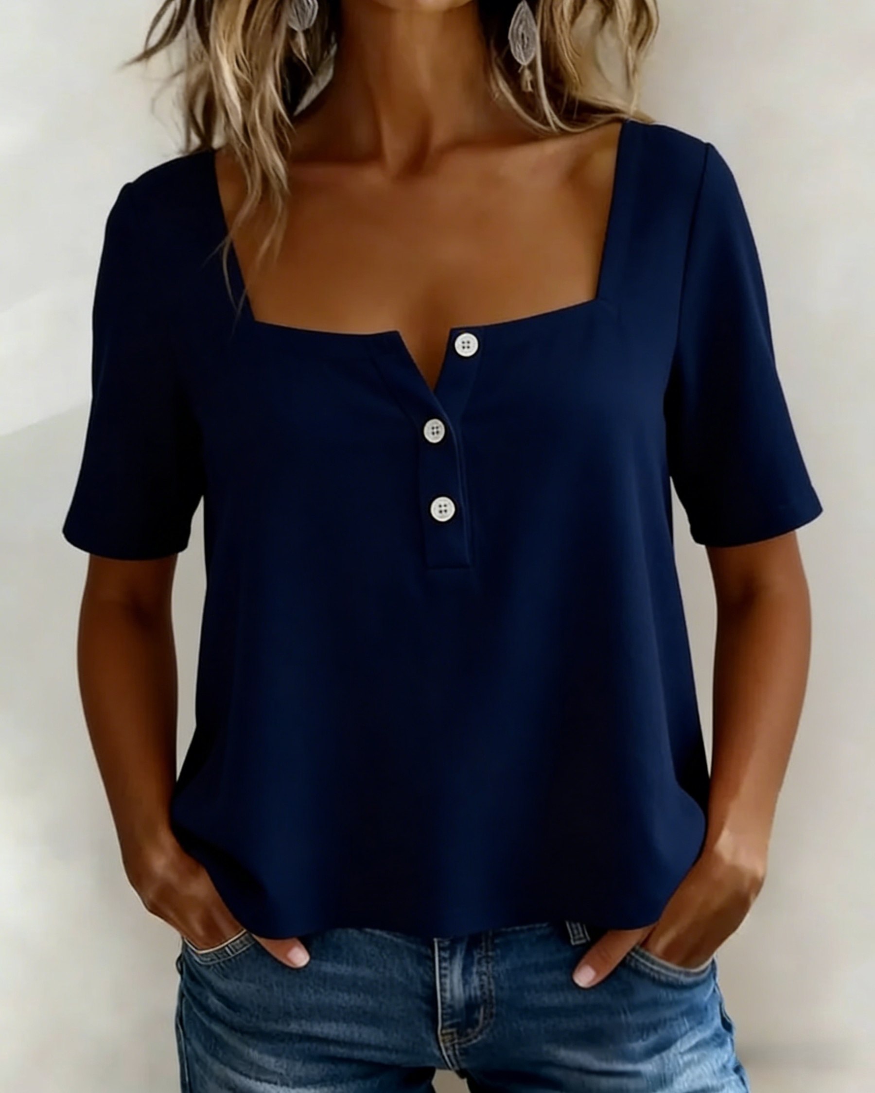 🌸 Pink Square Neck Half Button Blouse