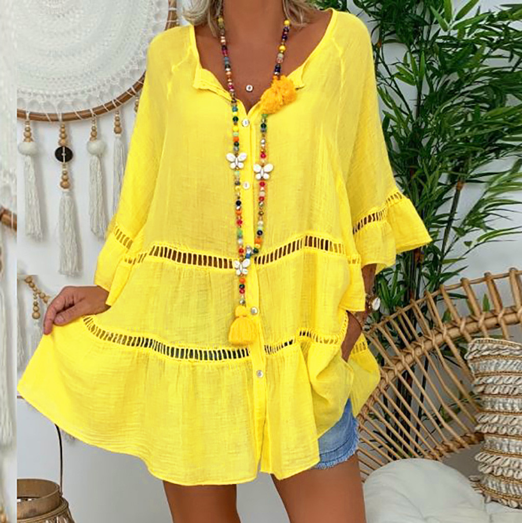 Women's 3/4-Sleeve Cotton-Linen V-Neck Loose-Fit Button-Down Hollow-Out Top Dress