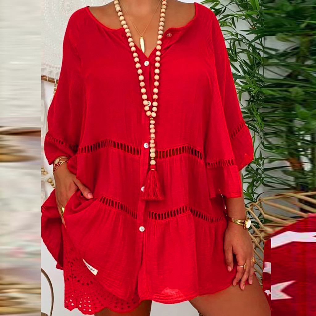 Women's 3/4-Sleeve Cotton-Linen V-Neck Loose-Fit Button-Down Hollow-Out Top Dress