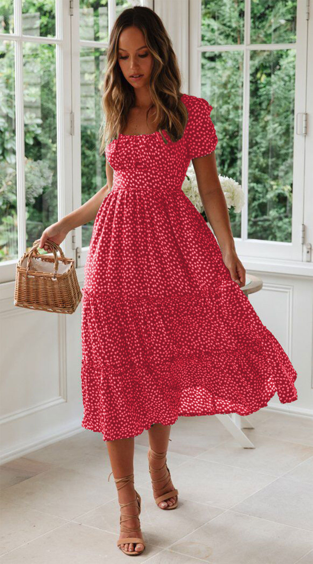 Square Neck Puff Sleeve Floral Print Maxi Dress