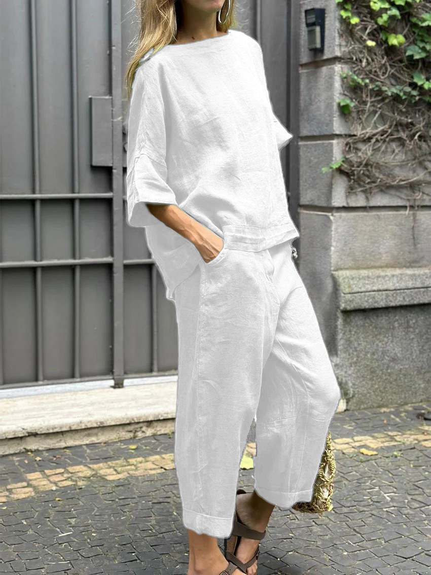2025 summer new 2-piece women's large-size cotton and linen shirt suit high-waisted slacks
