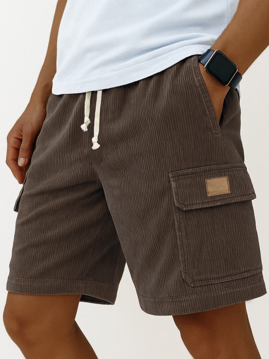 Men's Stylish Multi-pocket Cargo Shorts Corduroy Vintage Embroidered Logo Casual Lace-up Loose Shorts