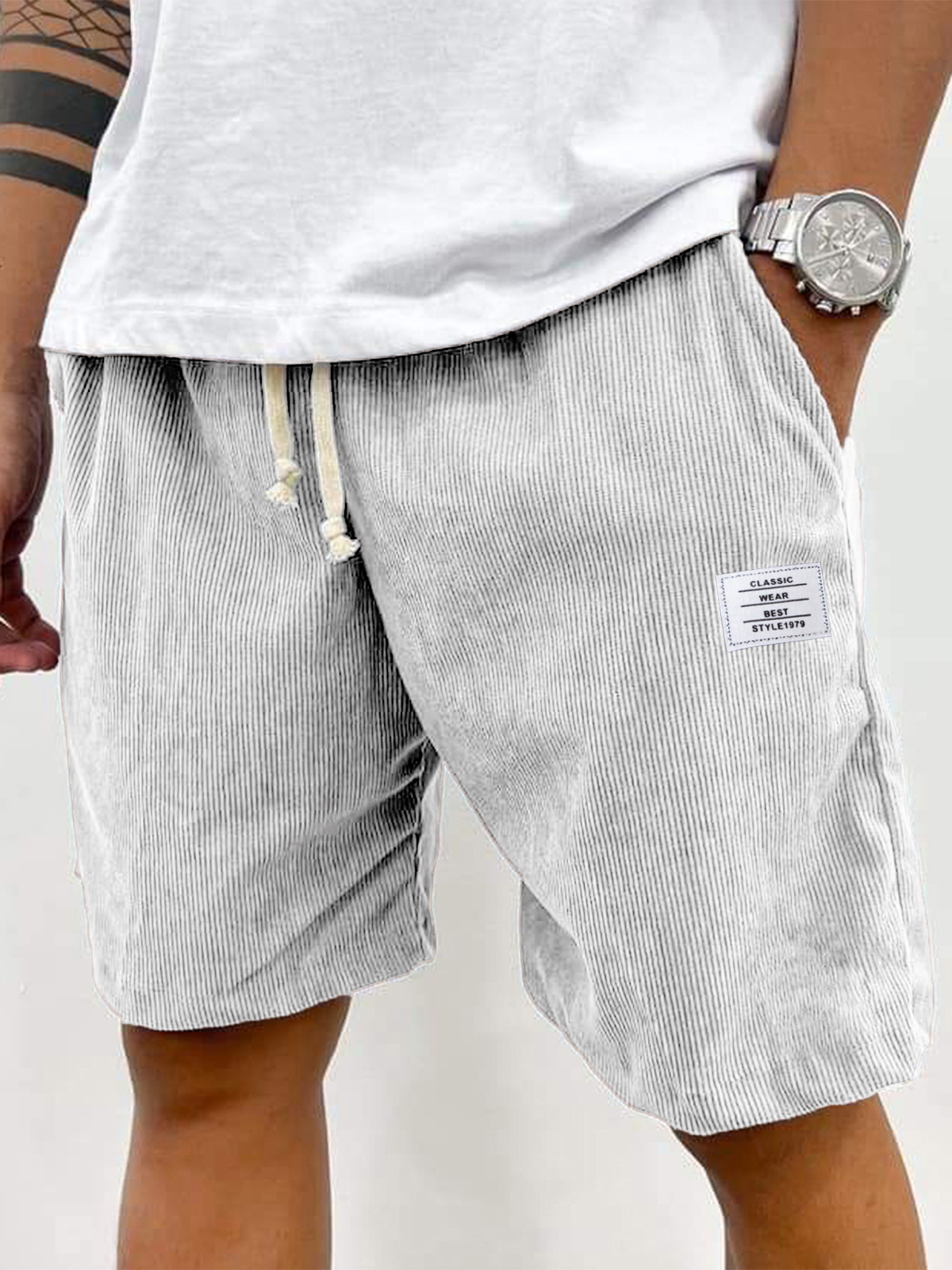 Men's Stylish Corduroy Simple Embroidered Logo Casual Lace-up Loose Shorts