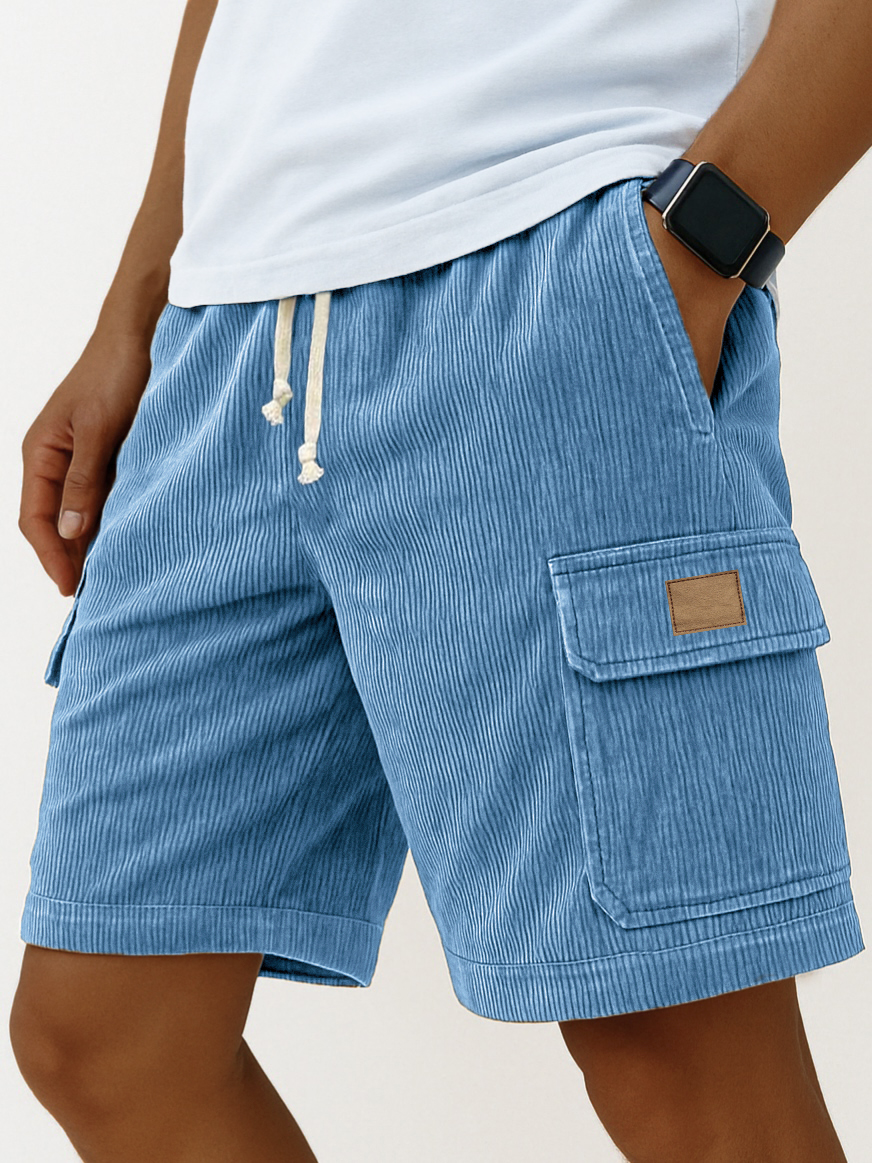 Men's Stylish Multi-pocket Cargo Shorts Corduroy Vintage Embroidered Logo Casual Lace-up Loose Shorts