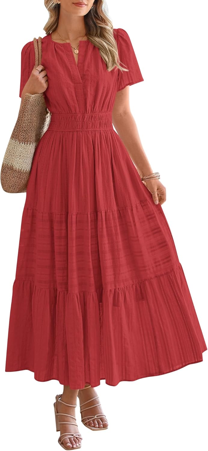 Midi Maxi Dresses Lightweight Short Sleeve V Neck Elastic Waist Boho Beach Dress Pockets