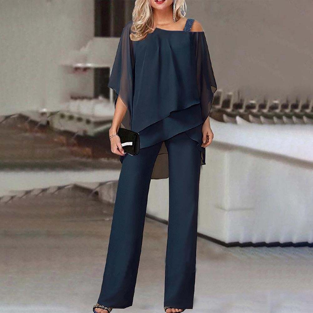 Elegant Layered Chiffon Top & Wide-Leg Pants Set