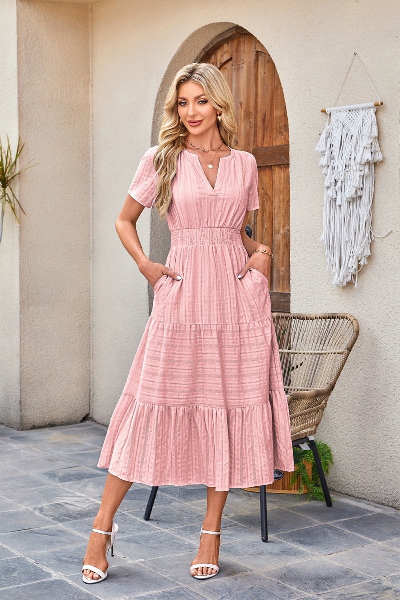 Midi Maxi Dresses Lightweight Short Sleeve V Neck Elastic Waist Boho Beach Dress Pockets