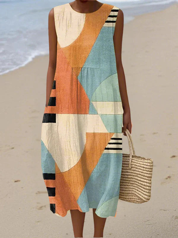 Women's Abstract Pattern Art Print Cotton Dress Boho Floral Print  Loose Summer
